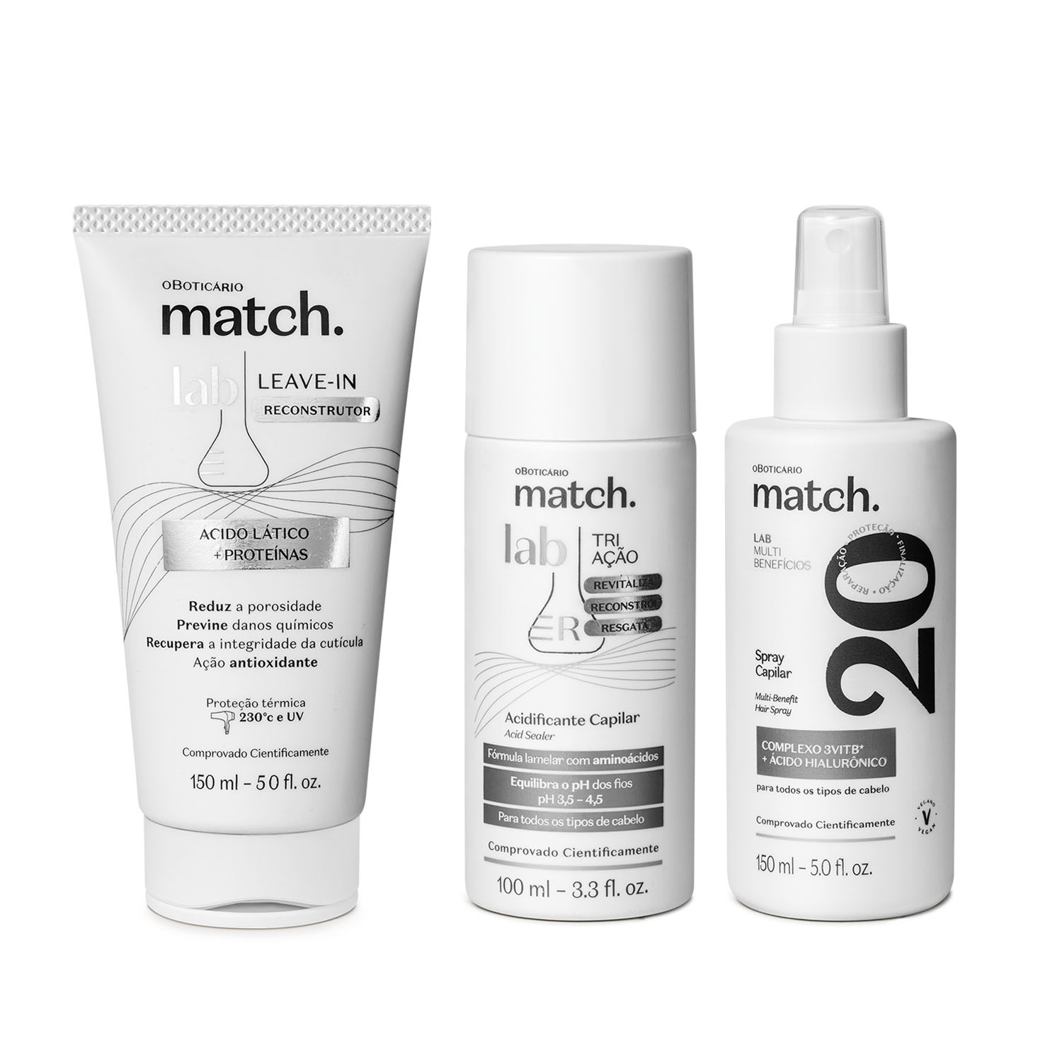 Combo Match Lab: Acidificante 100ml + Spray Capilar 150ml + Leave-In 150ml > Combo Match Lab: Acidificante 100ml + Spray Capilar 150ml + Leave-In 150ml