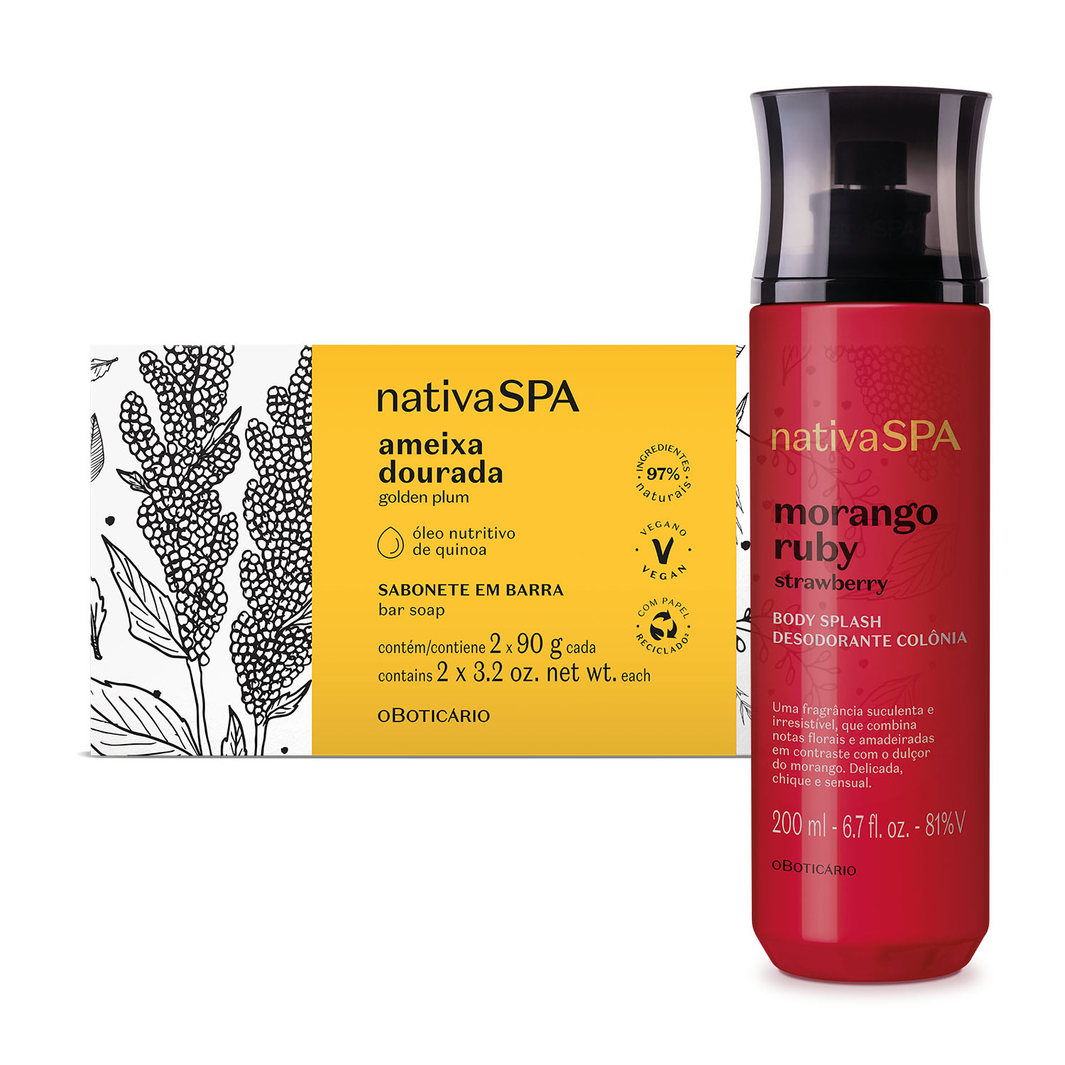 Combo Presente Nativa SPA: Body Splash Morango Ruby 200ml + Sabonete em Barra Ameixa Dourada 2x90g
