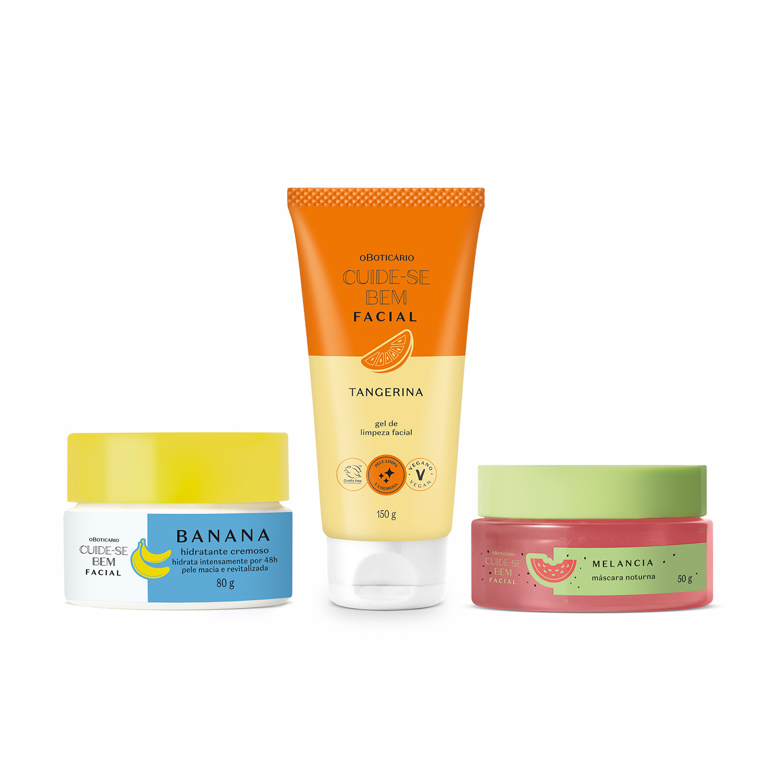 Combo Cuide-se Bem Feira Cuidados Faciais: Gel de Limpeza Tangerina 150g + Hidratante Cremoso Banana 80g + Máscara Facial Noturna Melancia 50g > Combo Cuide-se Bem Feira Cuidados Faciais: Gel de Limpeza Tangerina 150g + Hidratante Cremoso Banana 80g + Más