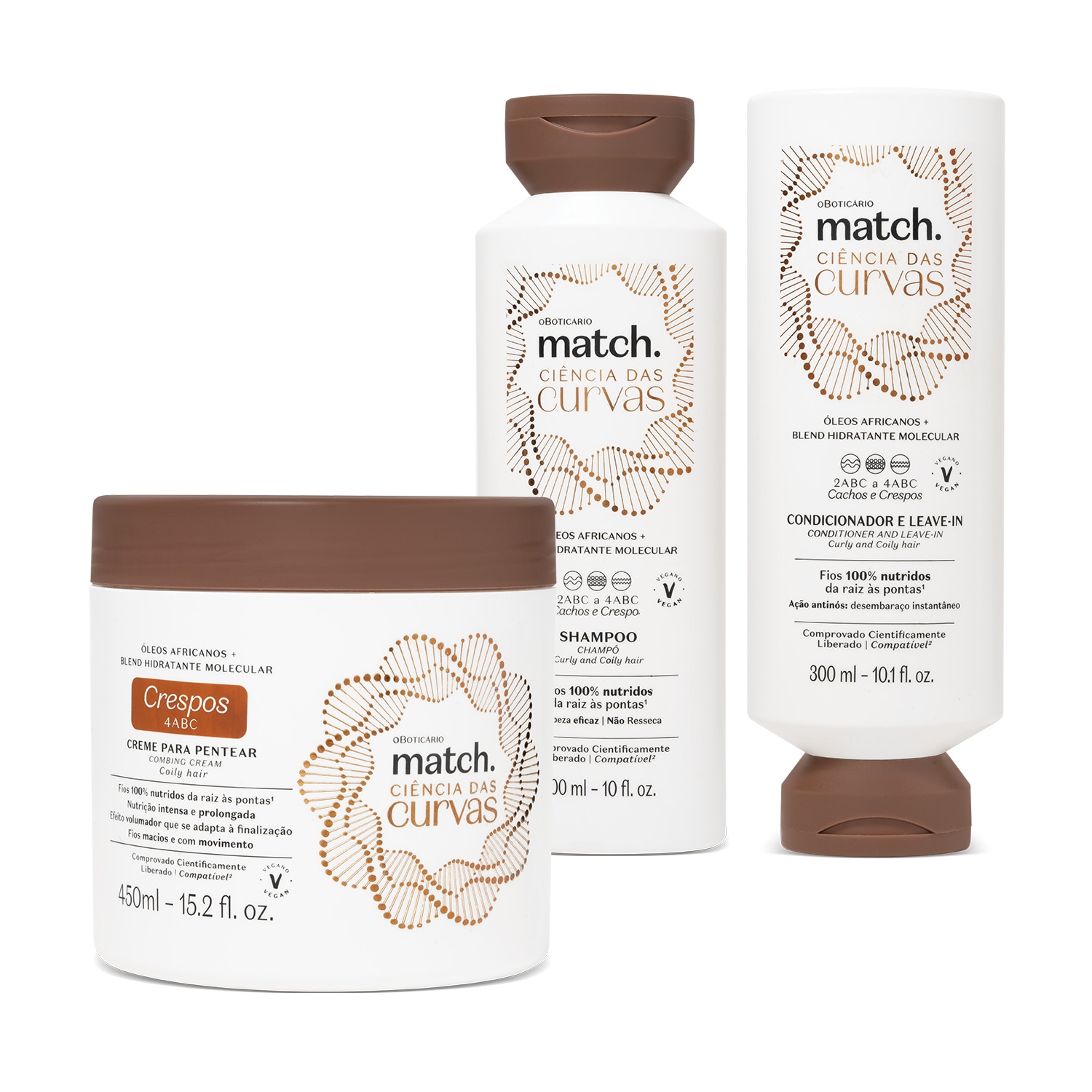 Combo Match Ciência das Curvas Crespos: Shampoo 300ml + Condicionador e Leave-In 300ml + Creme Para Pentear 450ml