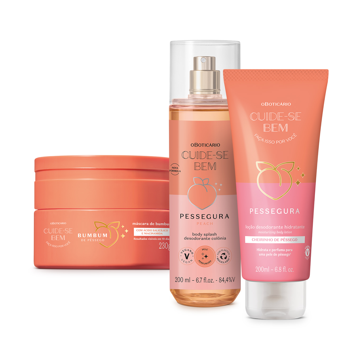 Combo Cuide-se Bem Pessegura: Body Splash 200ml + Hidratante Desodorante 200ml + Máscara de Bumbum 230g