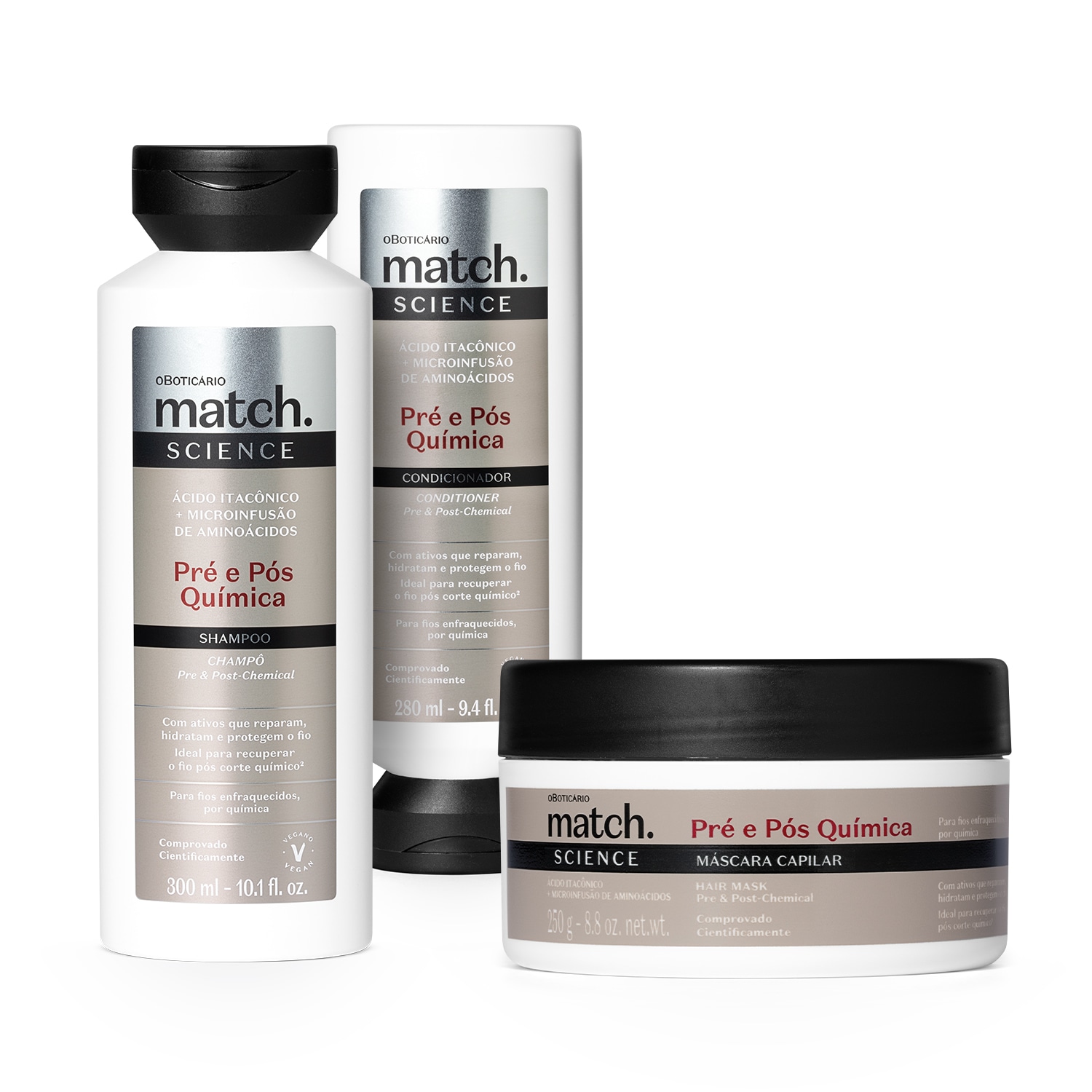 Combo Match Science Pré e Pós-Química: Shampoo 300ml + Máscara Capilar 250g + Condicionador 280ml > Combo Match Science Pré e Pós-Química: Shampoo 300ml + Máscara Capilar 250g + Condicionador 280ml