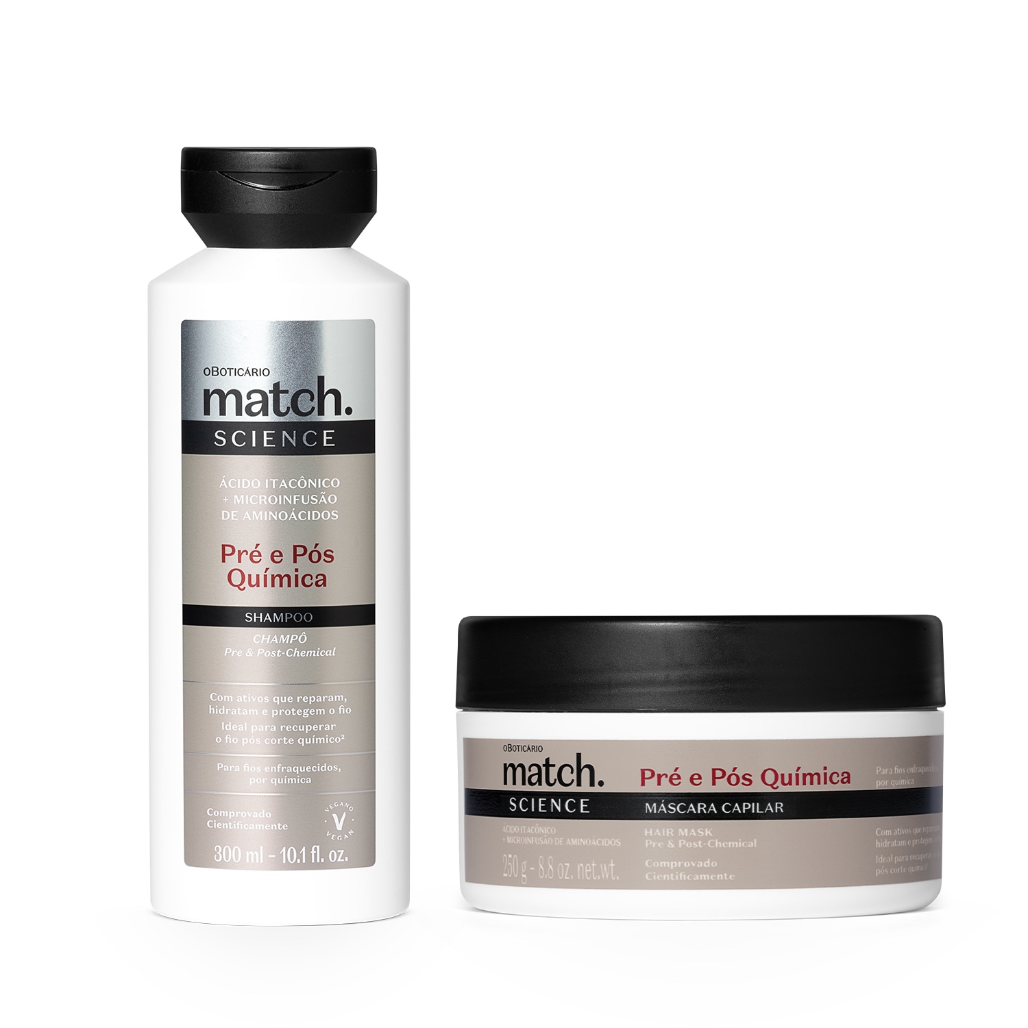 Combo Match Science Pré e Pós-Química: Shampoo 300ml + Máscara Capilar 250g > Combo Match Science Pré e Pós-Química: Shampoo 300ml + Máscara Capilar 250g