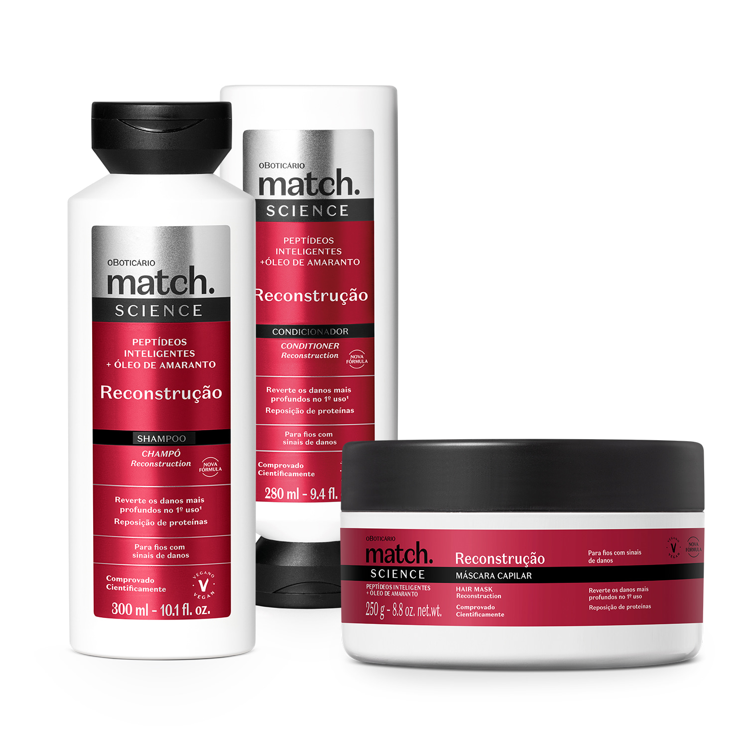 Combo Match Science Reconstrução: Shampoo 300ml + Condicionador 280ml + Máscara Capilar 250g > Combo Match Science Reconstrução: Shampoo 300ml + Condicionador 280ml + Máscara Capilar 250g