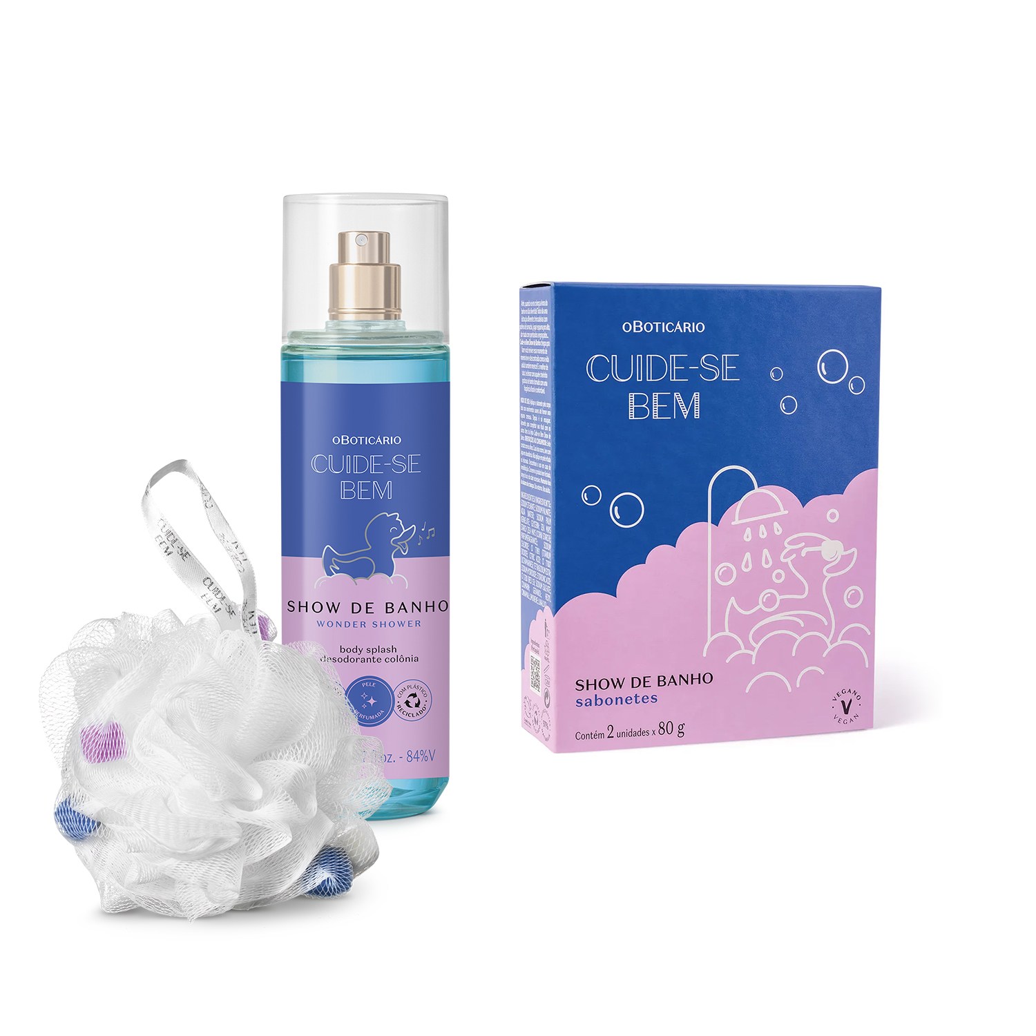 Combo Cuide-se Bem Show de Banho: Body Splash 200ml + Sabonetes em Barra 2x80g + Esponja de Banho