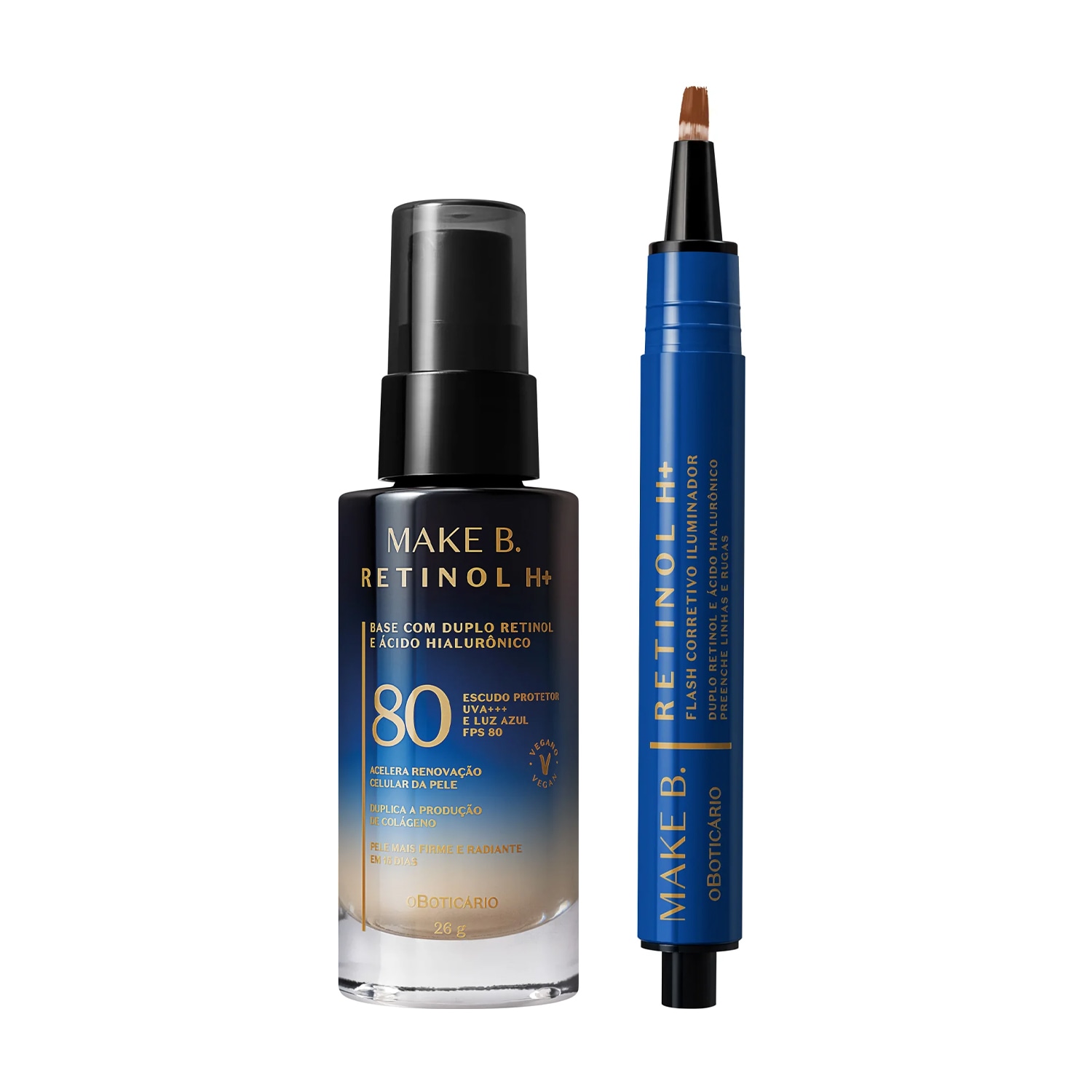 Combo Make B. Retinol H+: Base Líquida Cor 20 26g + Corretivo Líquido Cor 70 2,5g