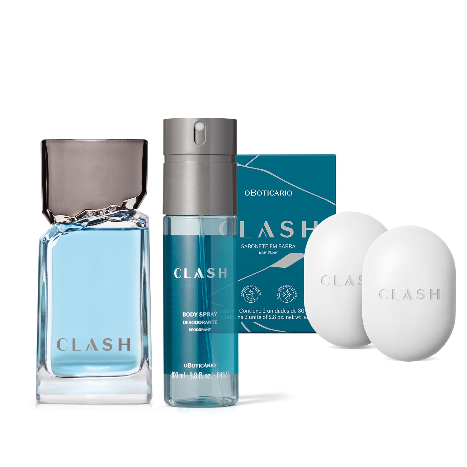Combo Clash: Desodorante Colônia 100ml + Sabonete em Barra 2x80g + Body Spray 100ml