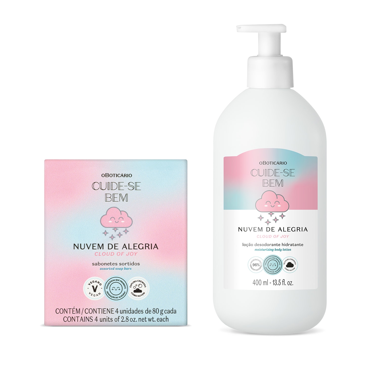 Combo Cuide-se Bem Nuvem de Alegria: Loção Corporal 400ml + Sabonetes em Barra 4x80g > Combo Cuide-se Bem Nuvem de Alegria: Loção Corporal 400ml + Sabonetes em Barra 4x80g