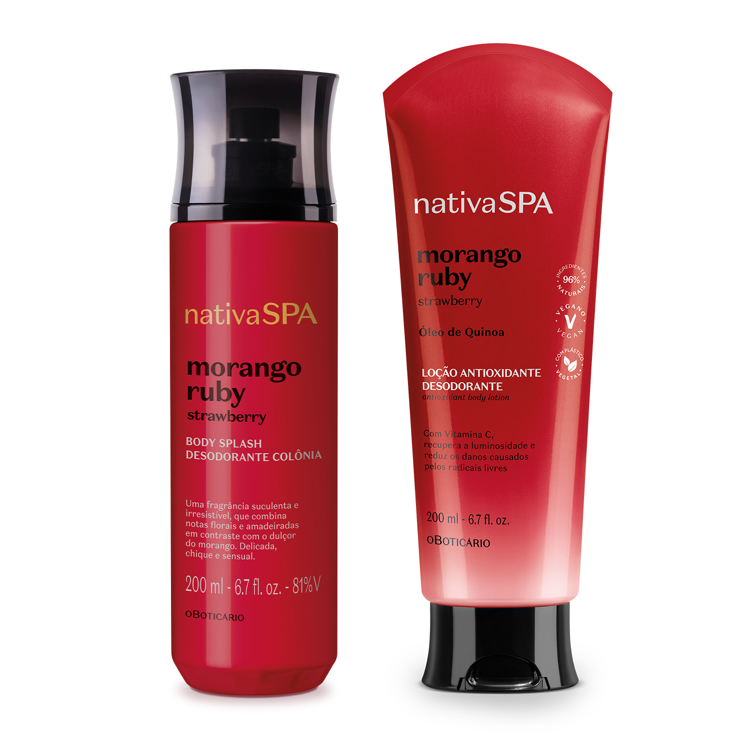 Combo Nativa SPA Morango Ruby: Body Splash 200ml + Loção Corporal 200ml