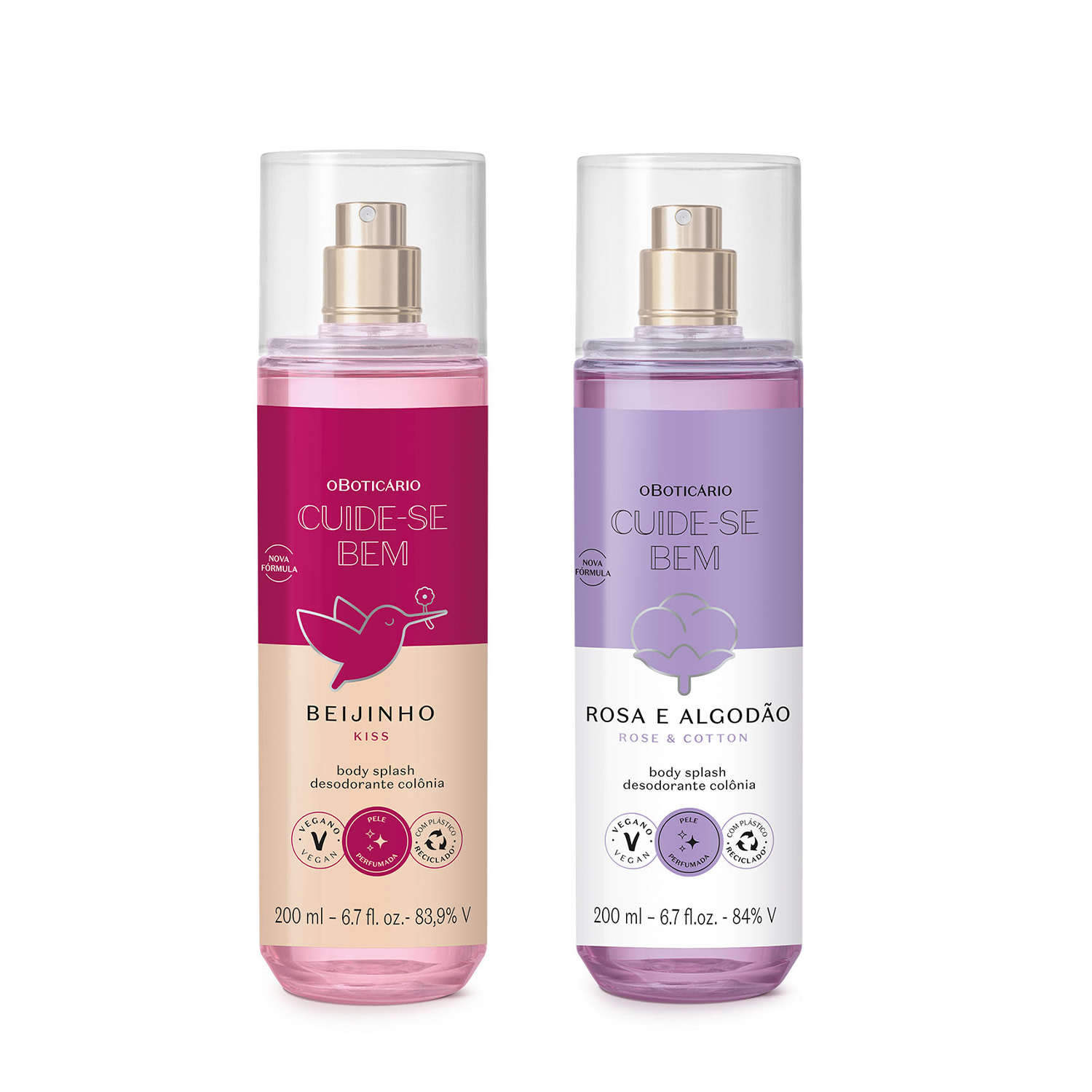 Combo Body Splash Cuide-se Bem: Beijinho 200ml + Rosa e Algodão 200ml > Combo Body Splash Cuide-se Bem: Beijinho 200ml + Rosa e Algodão 200ml