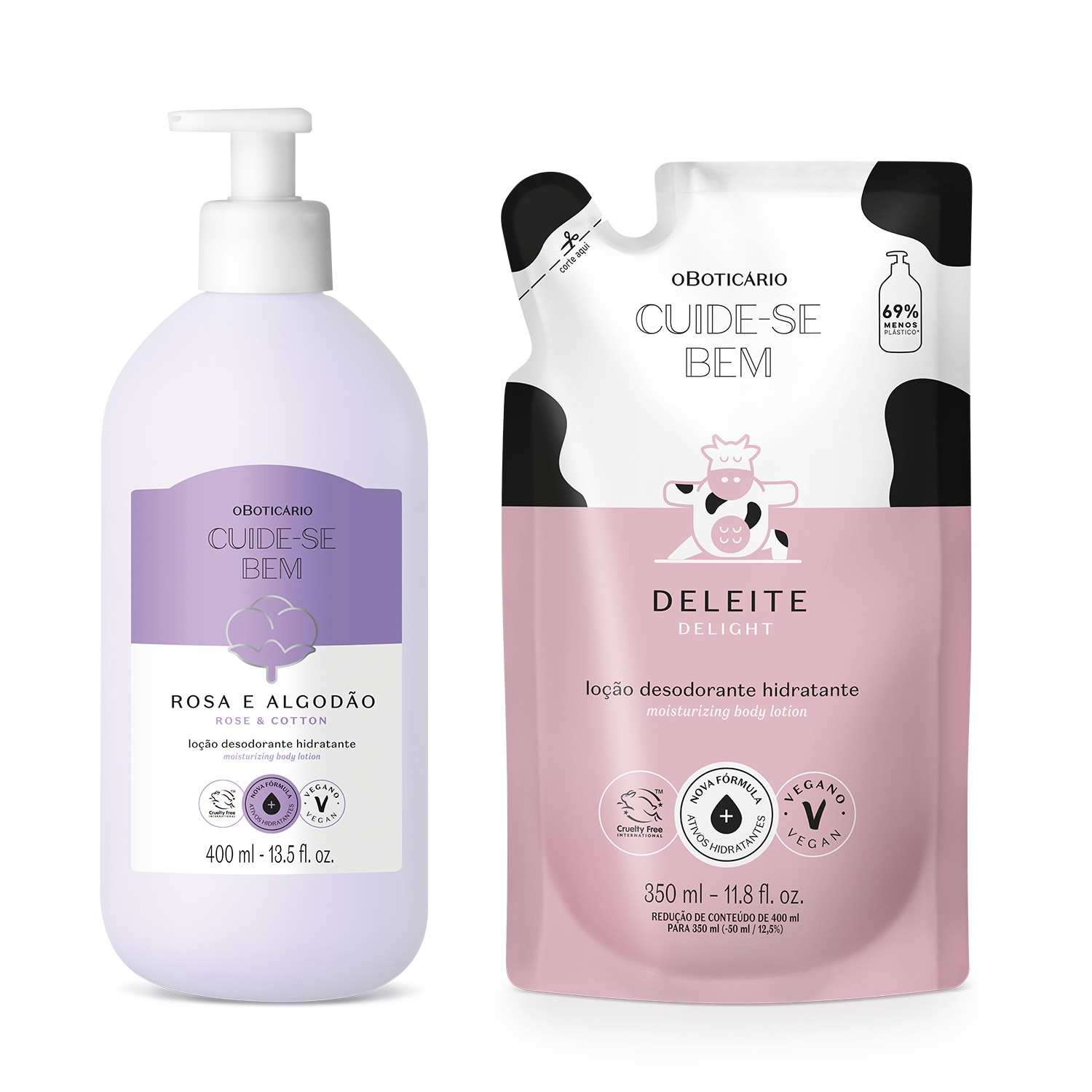 Combo Cuide-se Bem: Loção Corporal Rosa e Algodão 400ml + Refil Deleite 350ml > Combo Cuide-se Bem: Loção Corporal Rosa e Algodão 400ml + Refil Deleite 350ml