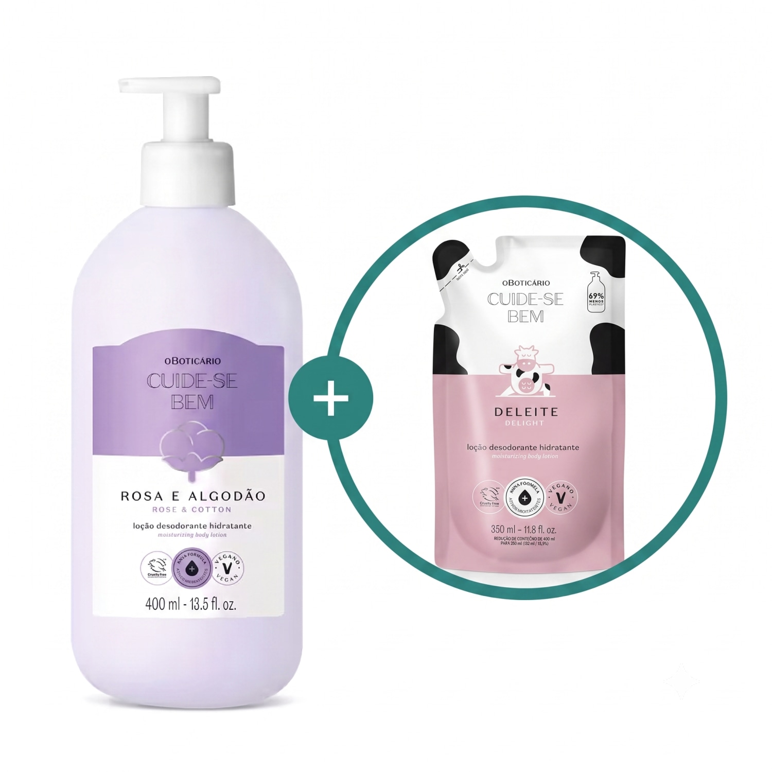 Combo Cuide-se Bem: Loção Corporal Rosa e Algodão 400ml + Refil Deleite 350ml