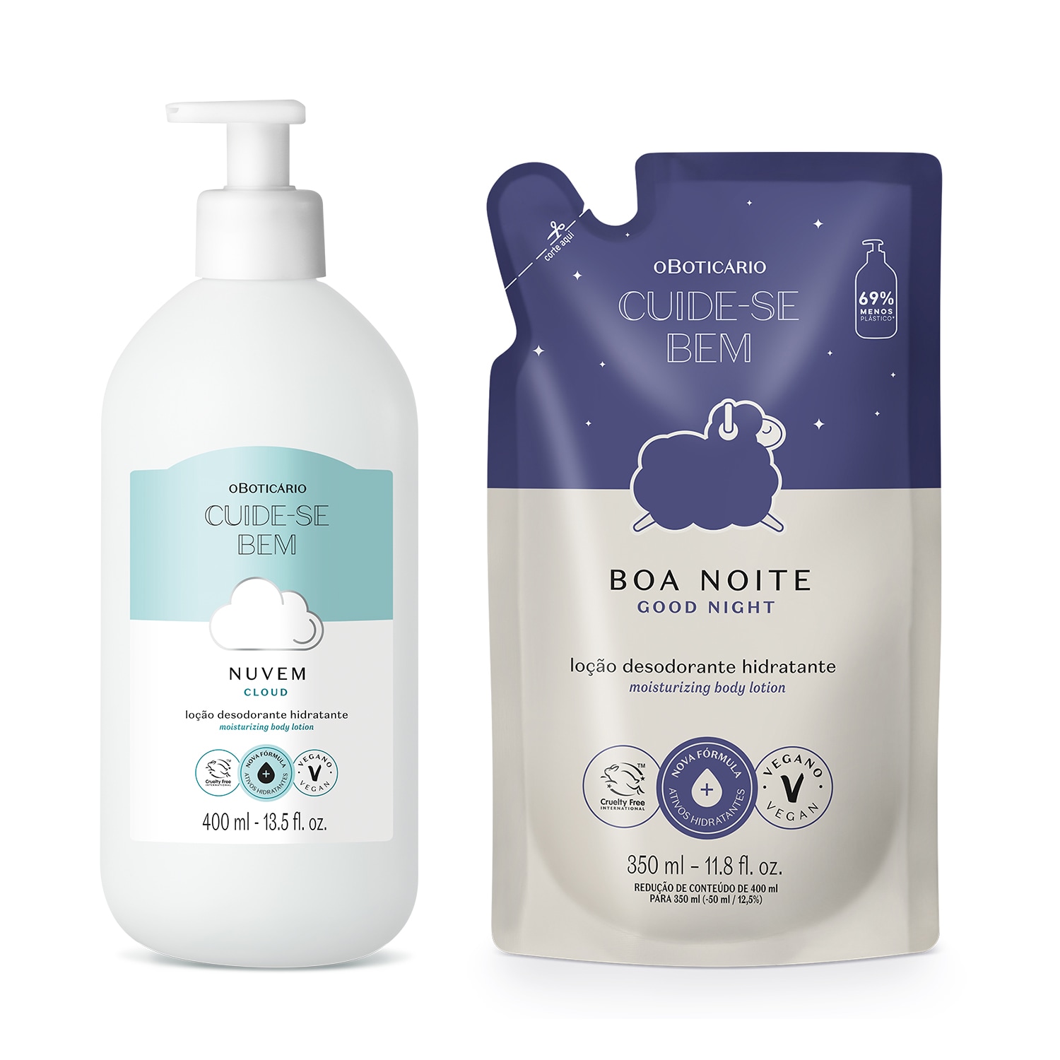 Combo Cuide-se Bem: Loção Corporal Nuvem 400ml + Refil Boa Noite 350ml > Combo Cuide-se Bem: Loção Corporal Nuvem 400ml + Refil Boa Noite 350ml