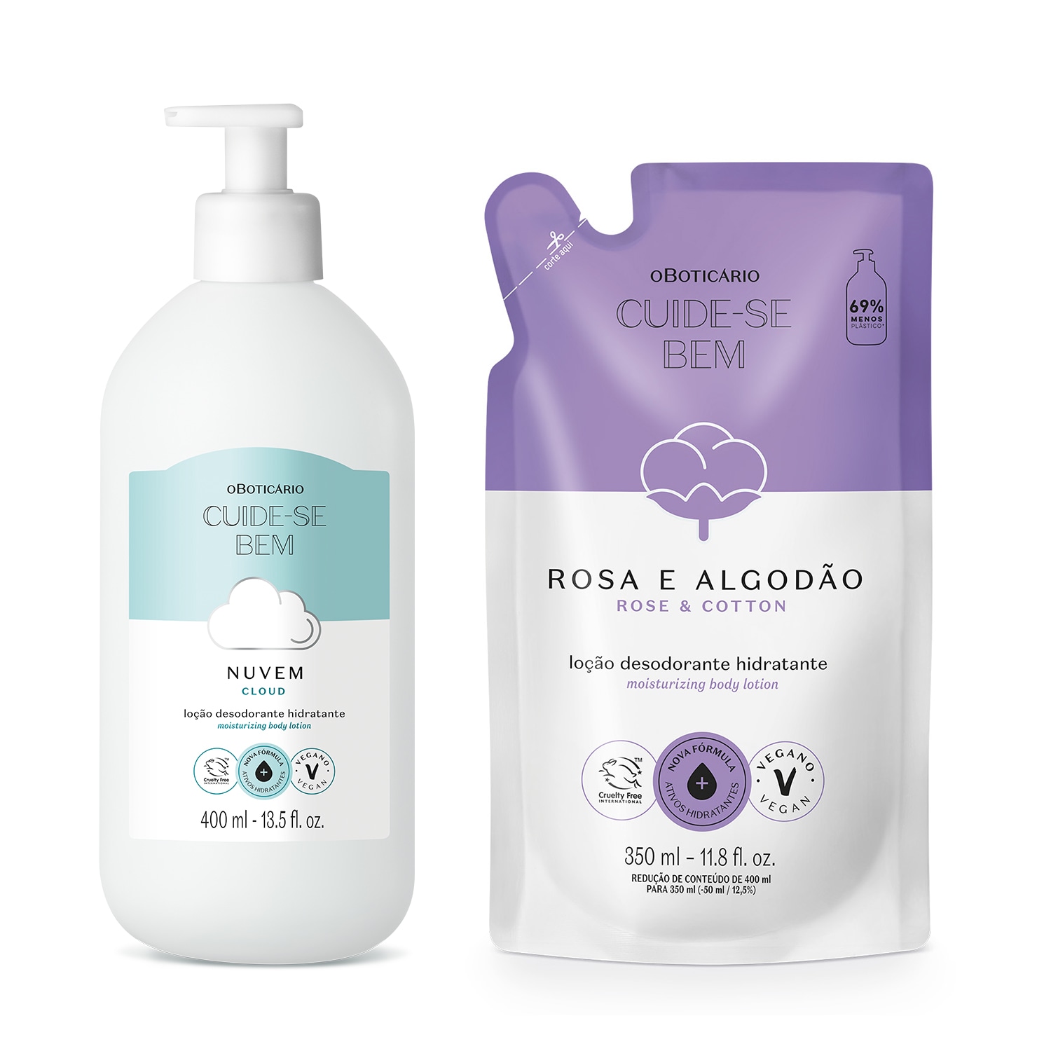 Combo Cuide-se Bem: Loção Corporal Nuvem 400ml + Refil Rosa e Algodão 350ml