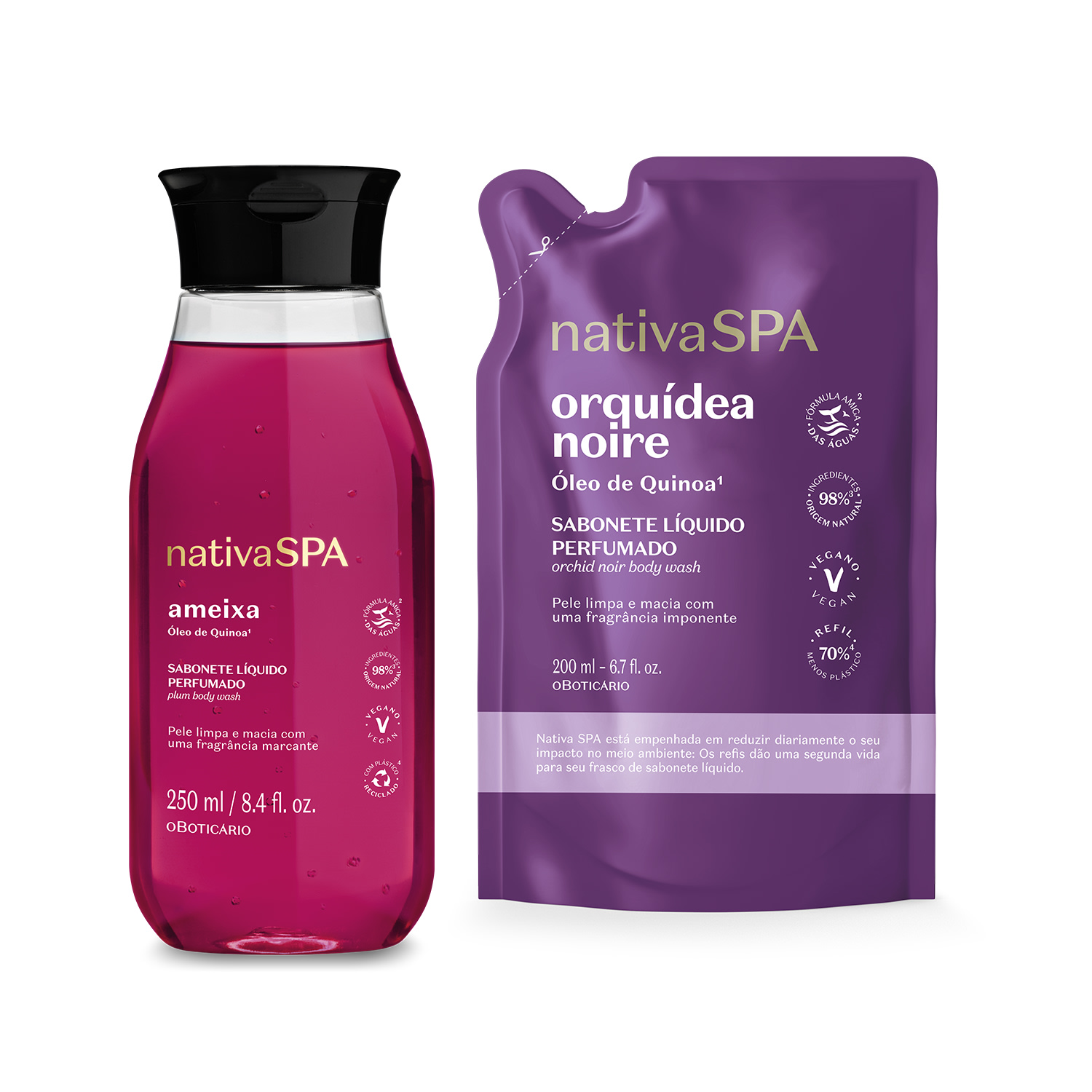 Combo Sabonete Líquido Perfumado Nativa Spa: Ameixa 250ml + Refil Orquídea Noire 200ml