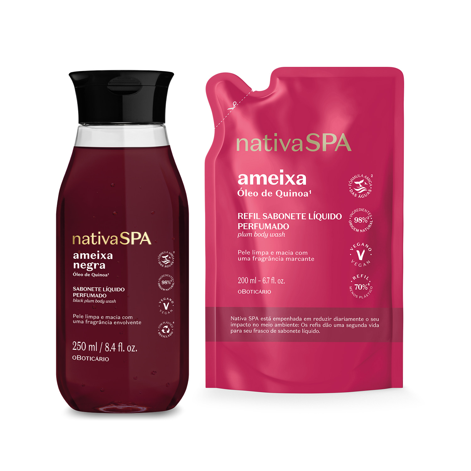 Combo Sabonete Líquido Perfumado Nativa Spa: Ameixa Negra 250ml + Refil Ameixa 200ml