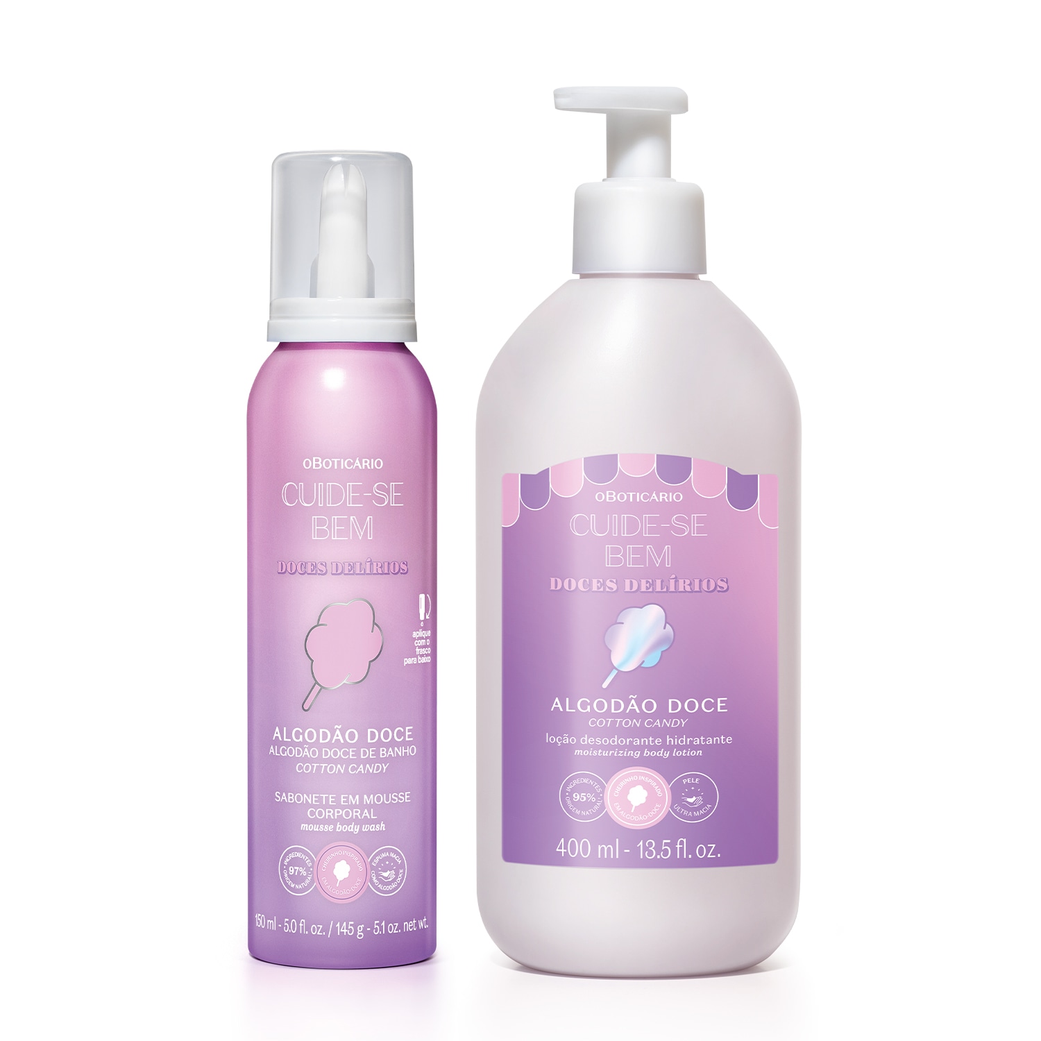 Combo Cuide-se Bem Doces Delírios Algodão Doce: Sabonete Em Mousse Corporal 150ml+ Loção Corporal 400ml