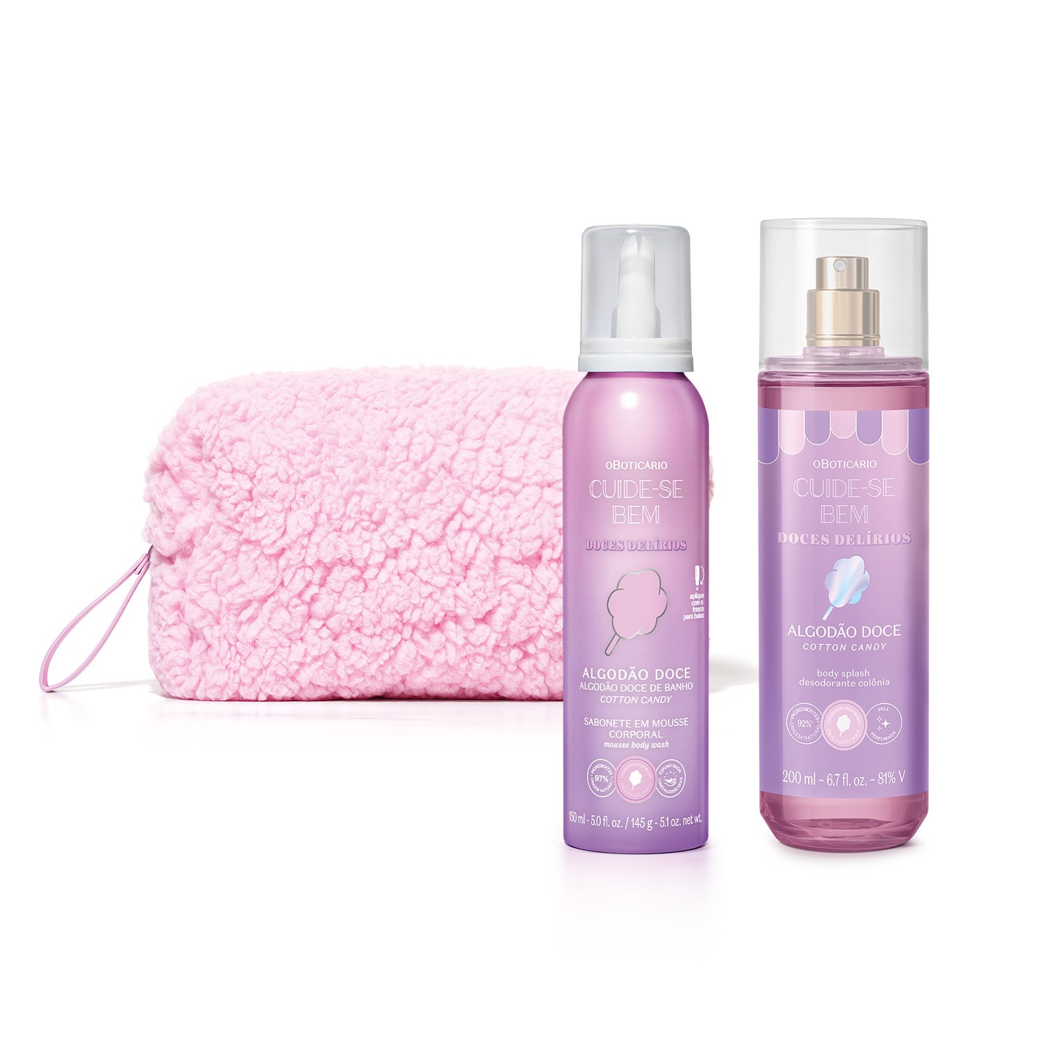 Combo Cuide-se Bem Doces Delírios Algodão Doce: Body Splash 200ml+ Sabonete Em Mousse Corporal 150ml + Nécessarie Rosa