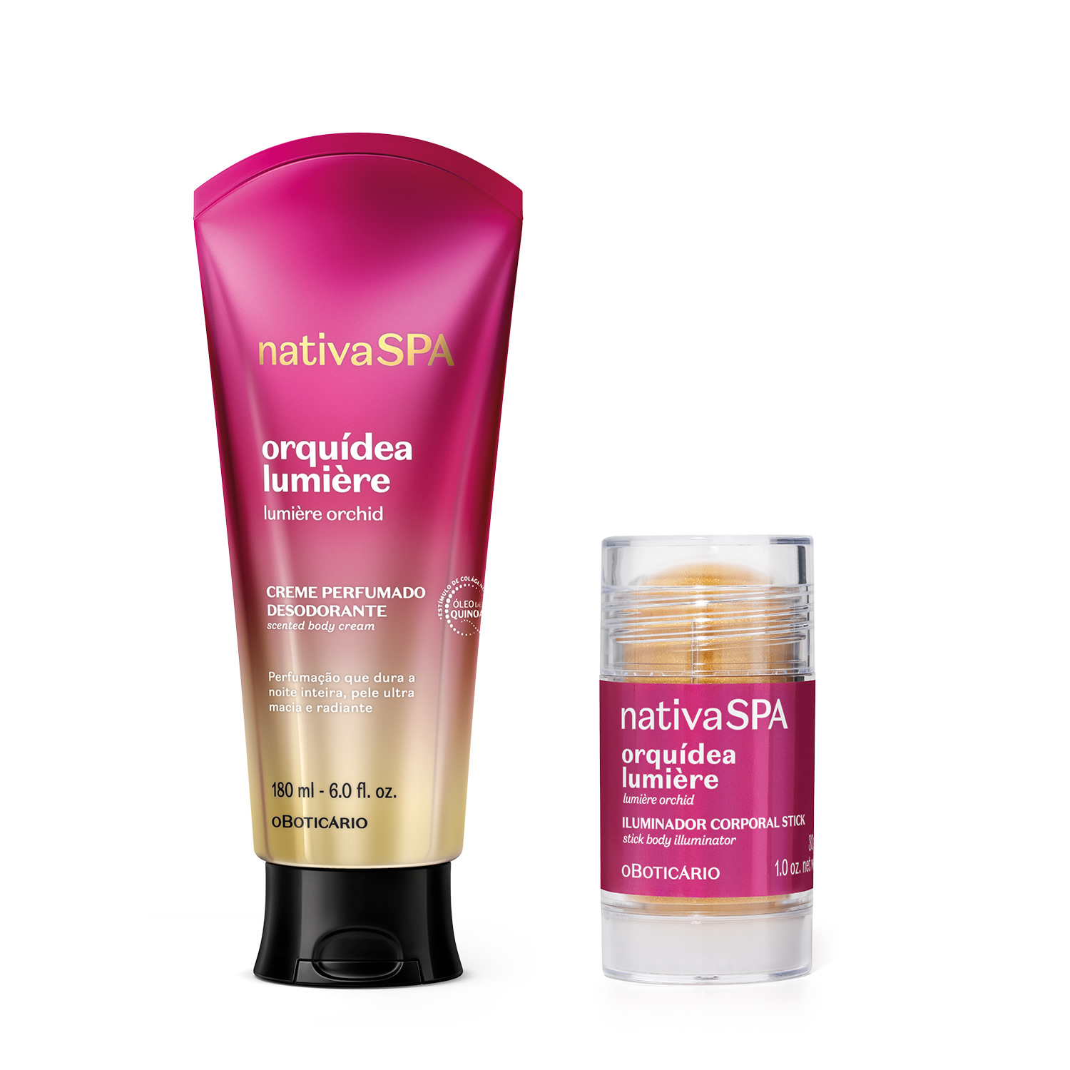 Combo Nativa SPA Orquídea Lumière: Creme Perfumado Desodorante 180ml + Iluminador Corporal Stick 30g