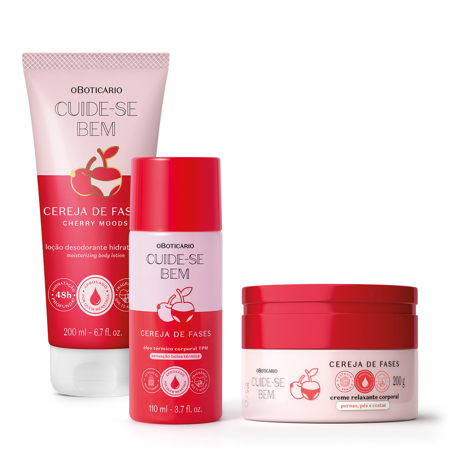 Combo Cuide-se Bem Cereja De Fases: Creme Relaxante Corporal 200g + Óleo Térmico Corporal 110ml + Loção Corporal 200ml > Combo Cuide-se Bem Cereja De Fases: Creme Relaxante Corporal 200g + Óleo Térmico Corporal 110ml + Loção Corporal 200ml