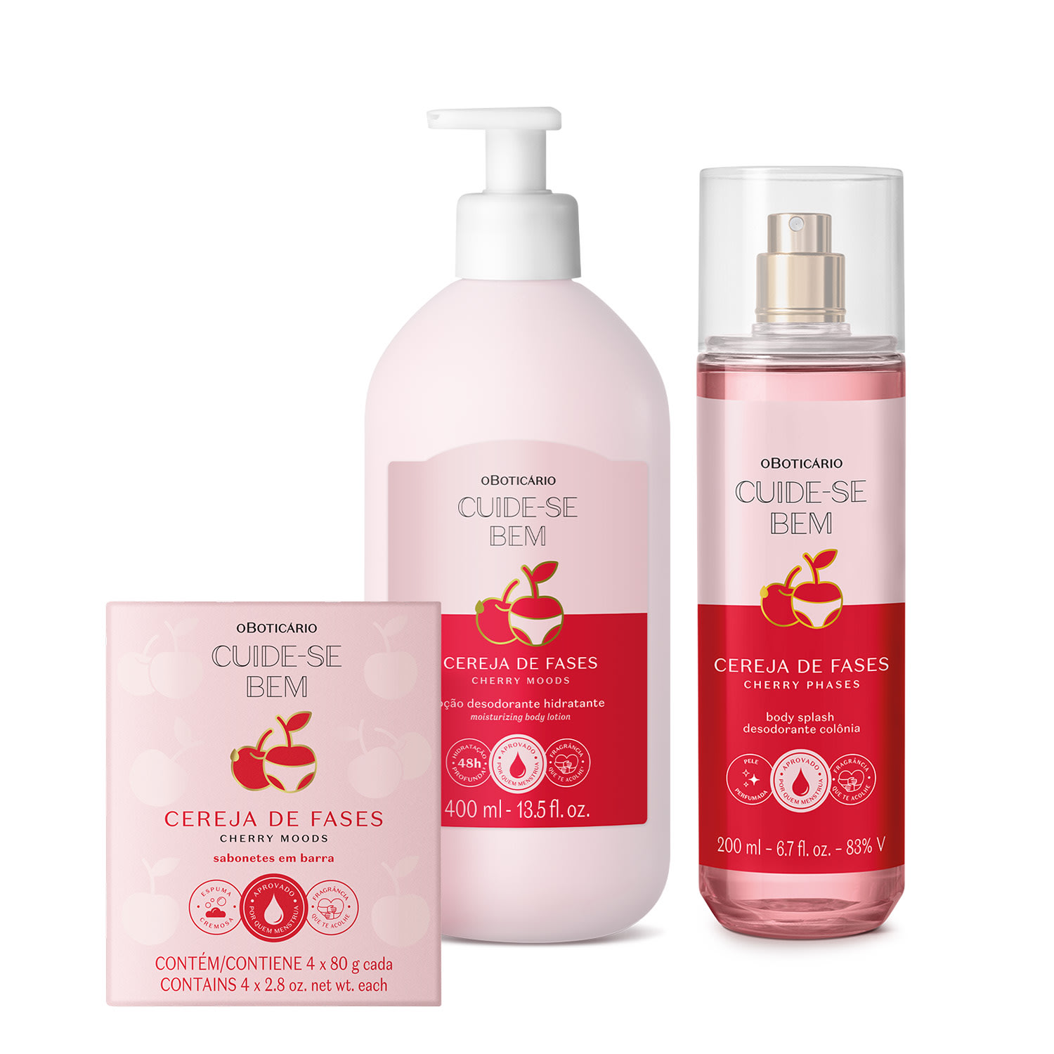 Combo Cuide-se Bem Cereja De Fases: Sabonetes Em Barra 4x80g + Loção Corporal 400ml + Body Splash 200ml > Combo Cuide-se Bem Cereja De Fases: Sabonetes Em Barra 4x80g + Loção Corporal 400ml + Body Splash 200ml