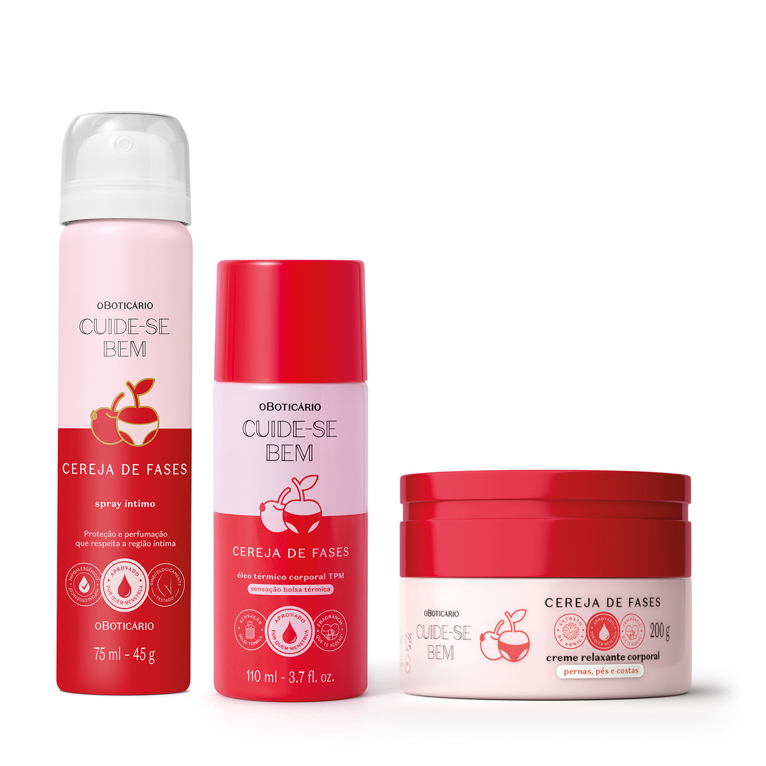 Combo Cuide-se Bem Cereja De Fases: Creme Relaxante Corporal 200g + Spray Íntimo Desodorante 75ml +Óleo Térmico Corporal 110ml > Combo Cuide-se Bem Cereja De Fases: Creme Relaxante Corporal 200g + Spray Íntimo Desodorante 75ml +Óleo Térmico Corporal 110ml