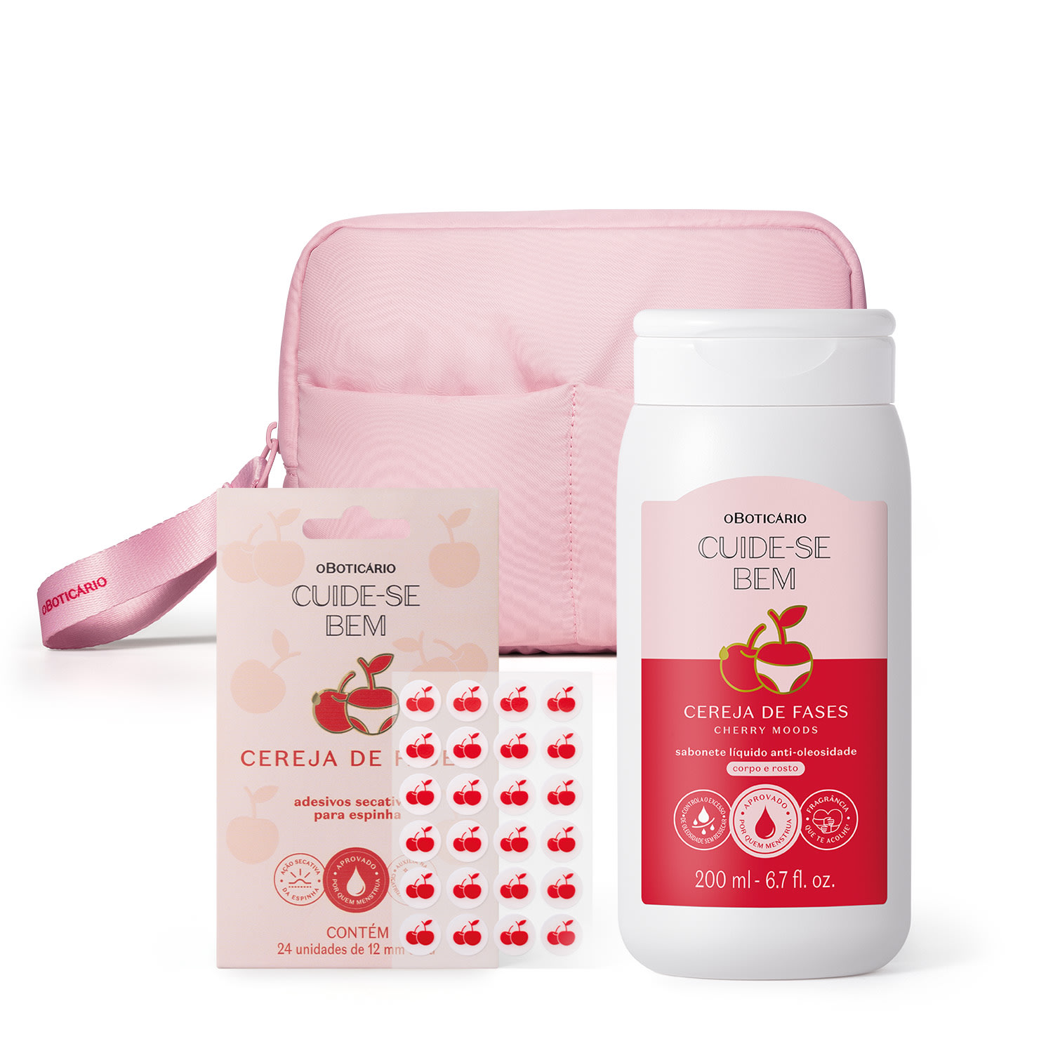 Combo Cuide-se Bem Cereja De Fases: Sabonete Líquido 2 em 1 200ml + Adesivos Secativos Para Espinhas + Nécessarie Rosa