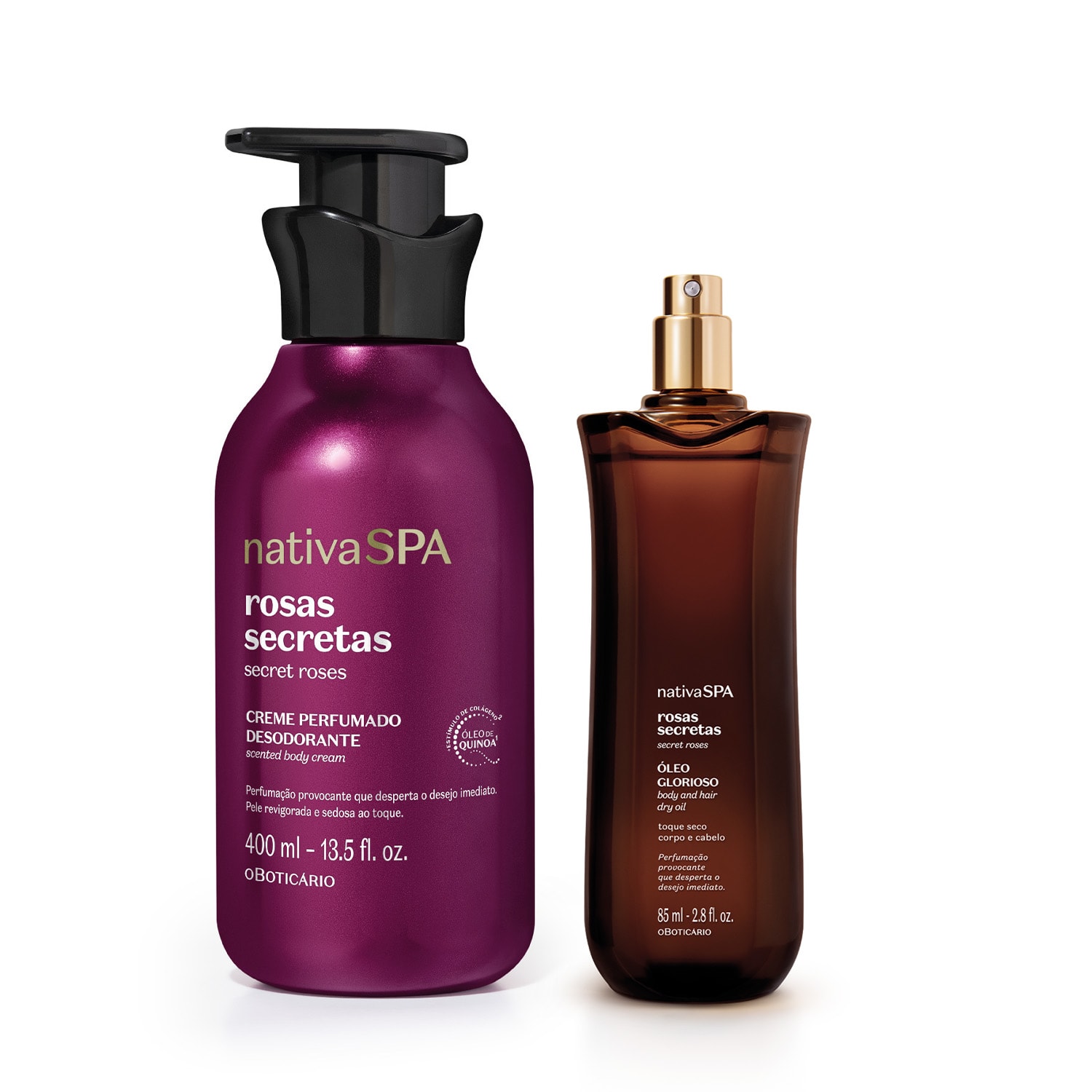 Combo Nativa SPA Rosas Secretas: Óleo Multifuncional Corpo E Cabelos 85ml + Creme Perfumado Corporal 400ml