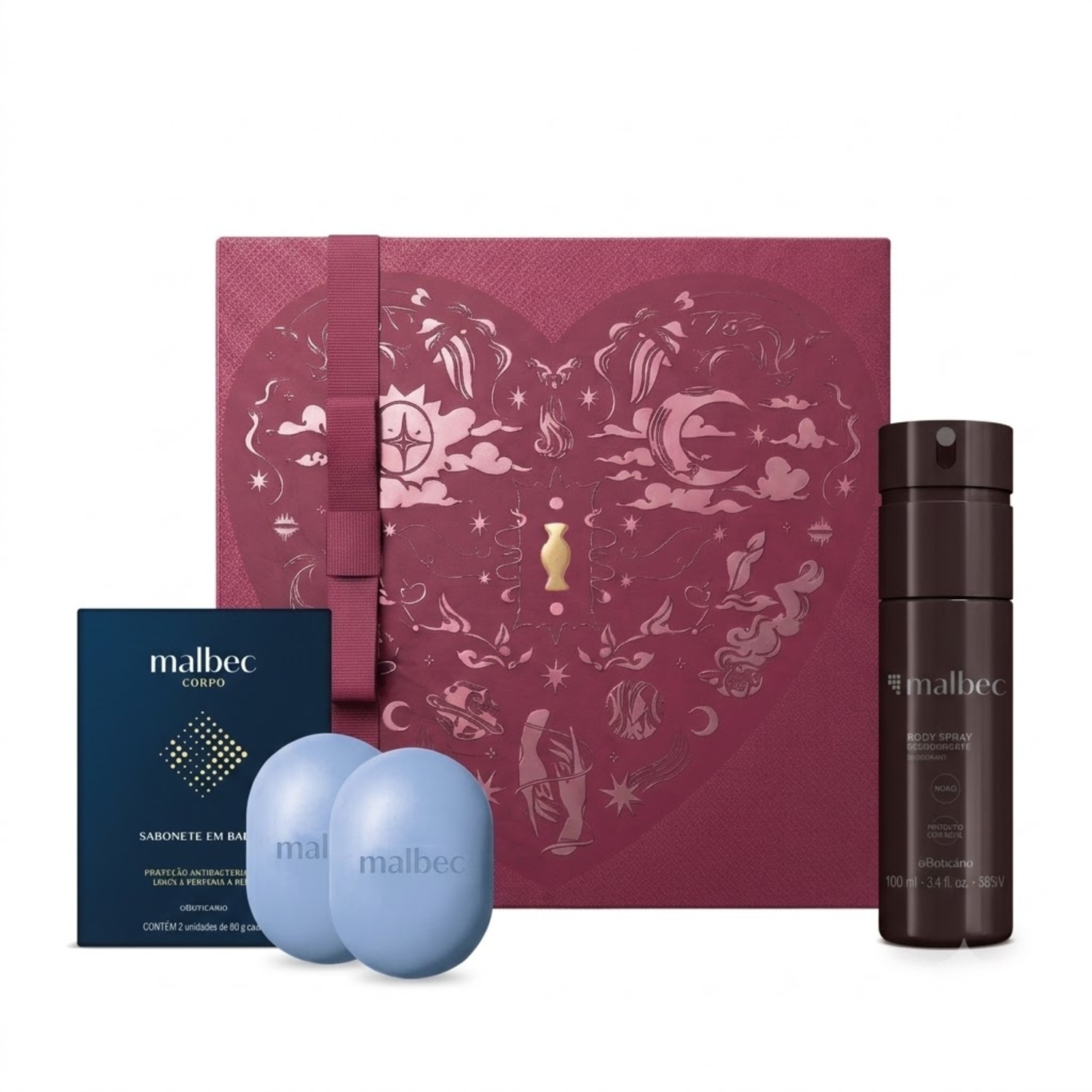 Combo Presente Dia Dos Namorados Malbec Cuidados: Sabonete Em Barra 2x80g + Body Spray 100ml