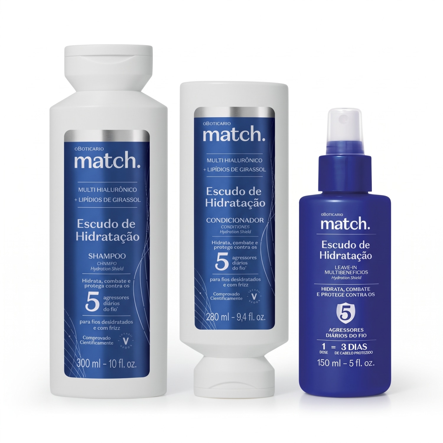 Combo Match Escudo de Hidratação: Shampoo 300ml + Condicionador 280ml + Leave-In Multibenefícios 100ml
