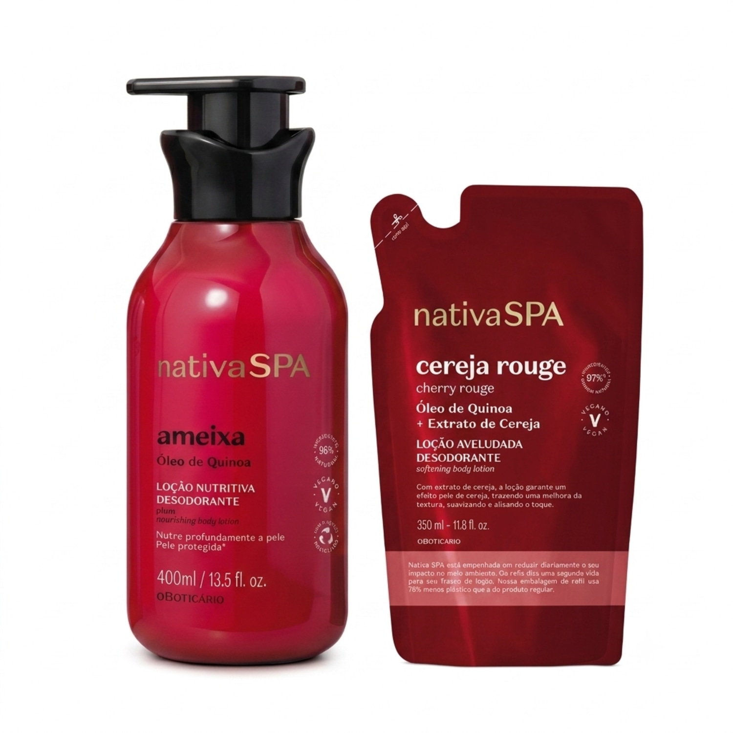 Combo Nativa SPA Ameixa e Cereja Rouge: Loção Hidratante Corporal 400ml + Refil Loção Aveludada Corporal 350ml