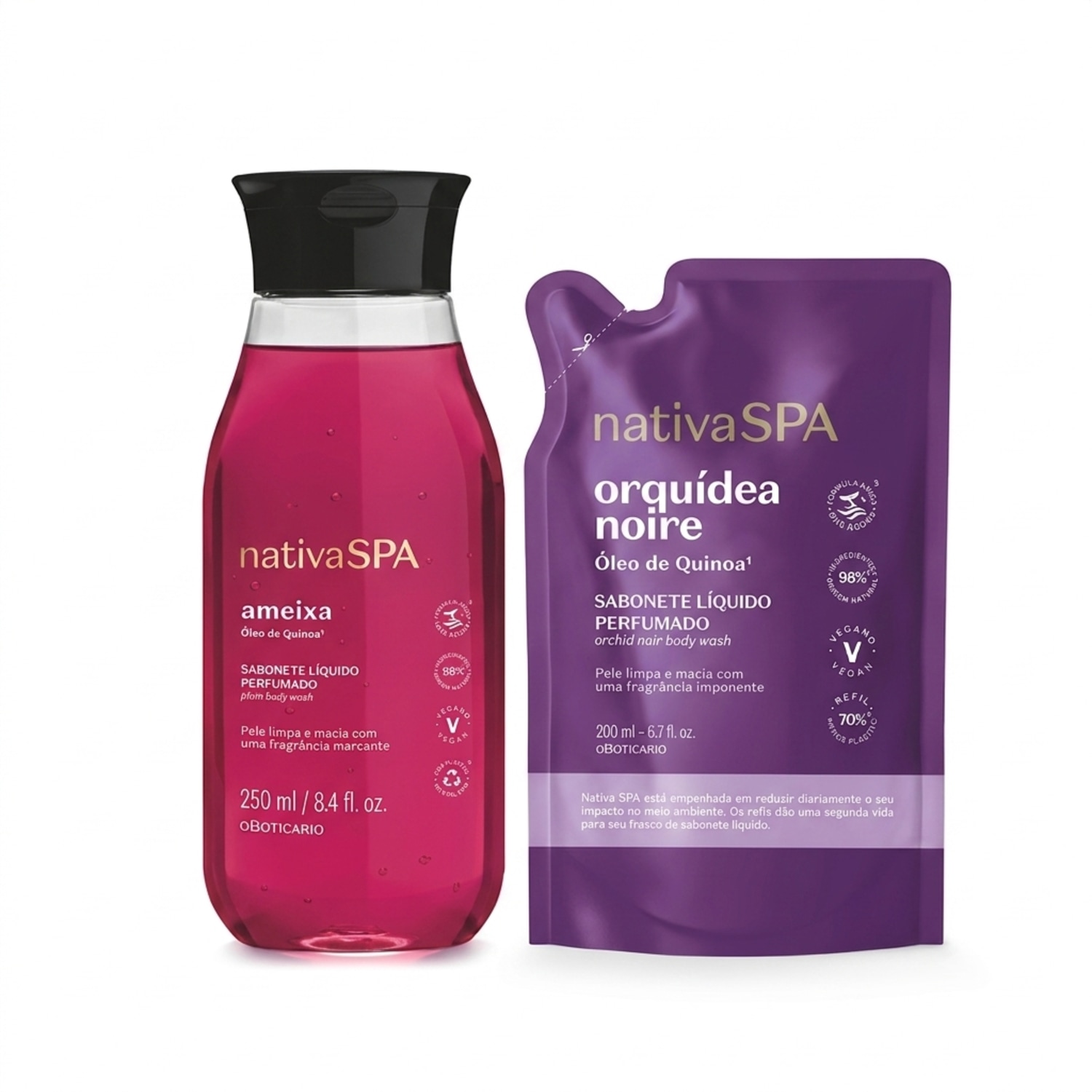 Combo Sabonete Líquido Perfumado Nativa Spa Ameixa 250ml + Refil Sabonete Líquido Perfumado Nativa Spa Orquídea Noire 200ml > Combo Sabonete Líquido Perfumado Nativa Spa Ameixa 250ml + Refil Sabonete Líquido Perfumado Nativa Spa Orquídea Noire 200ml