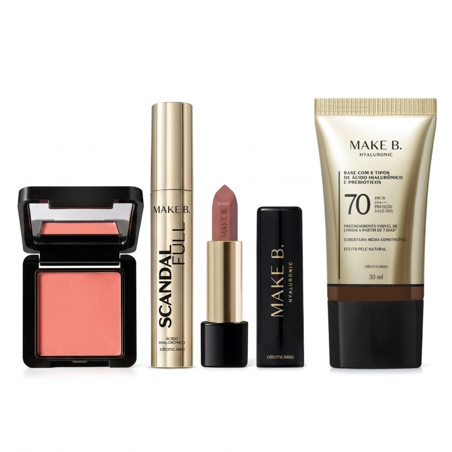 Combo Make B.: Blush Em Pó Compacto Rubor + Máscara de Cílios Scandal + Batom Cremoso Rosa Rose + Base Líquida FPS 70 345N > Combo Make B.: Blush Em Pó Compacto Rubor + Máscara de Cílios Scandal + Batom Cremoso Rosa Rose + Base Líquida FPS 70 345N