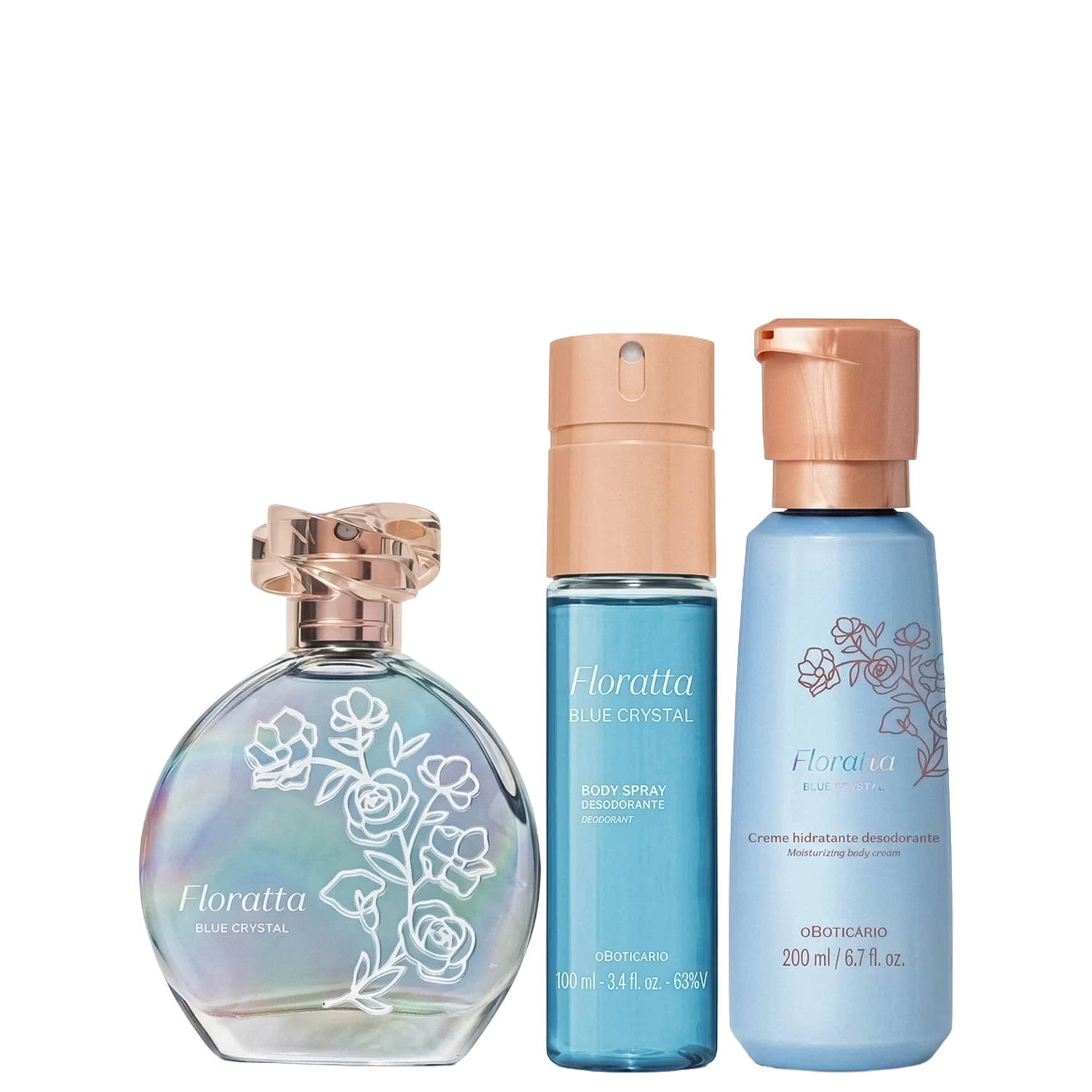 Combo Floratta Blue Crystal: Body Spray 100ml + Desodorante Colônia 75ml + Creme Hidratante 200ml