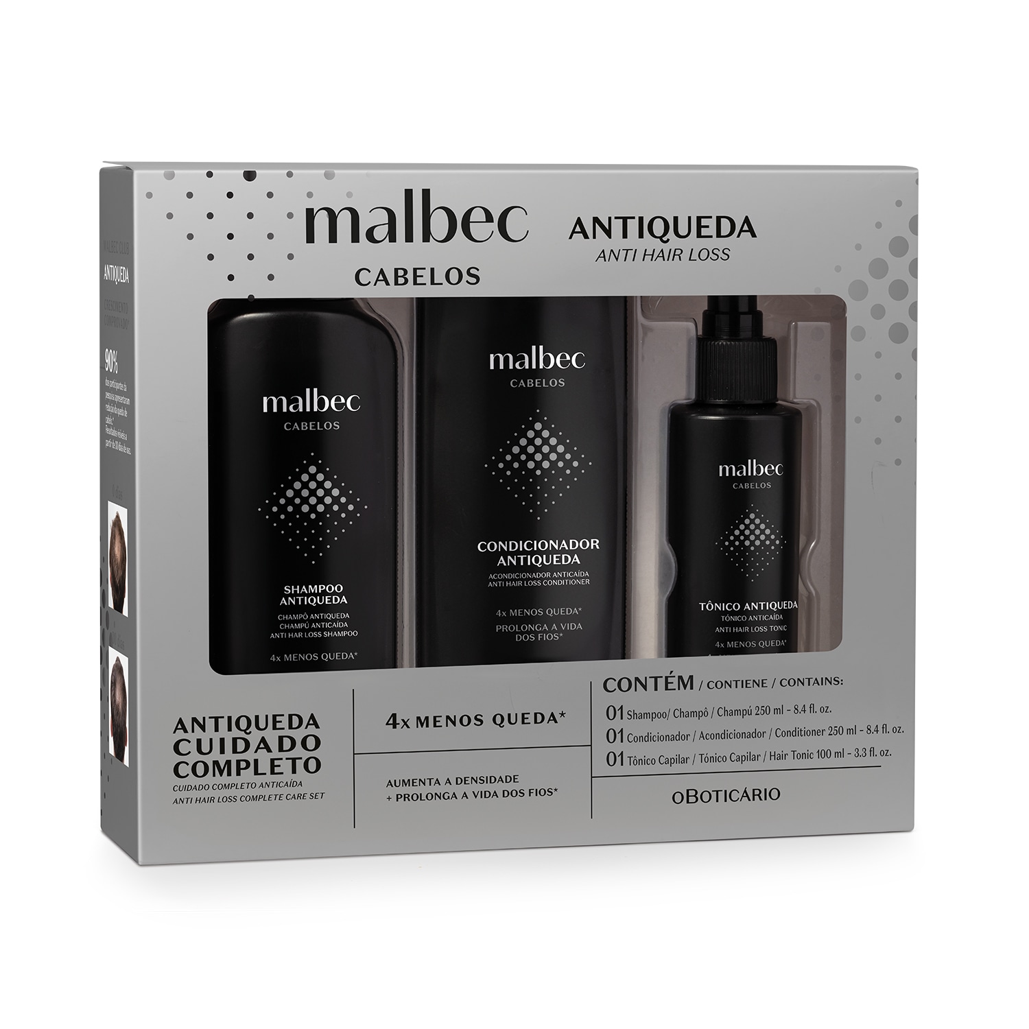 Kit Malbec Antiqueda: Shampoo 250ml + Condicionador 250ml + Tônico 100ml > Kit Malbec Antiqueda: Shampoo 250ml + Condicionador 250ml + Tônico 100ml