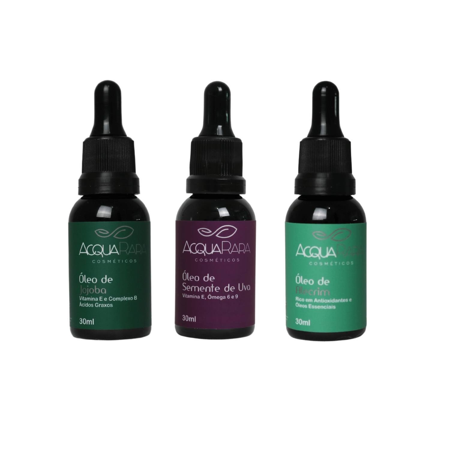 Combo de Óleos Vegetais (Semente de Uva, Jojoba e Alecrim) 30ml cada - AcquaRara - 100% Puro e Natural