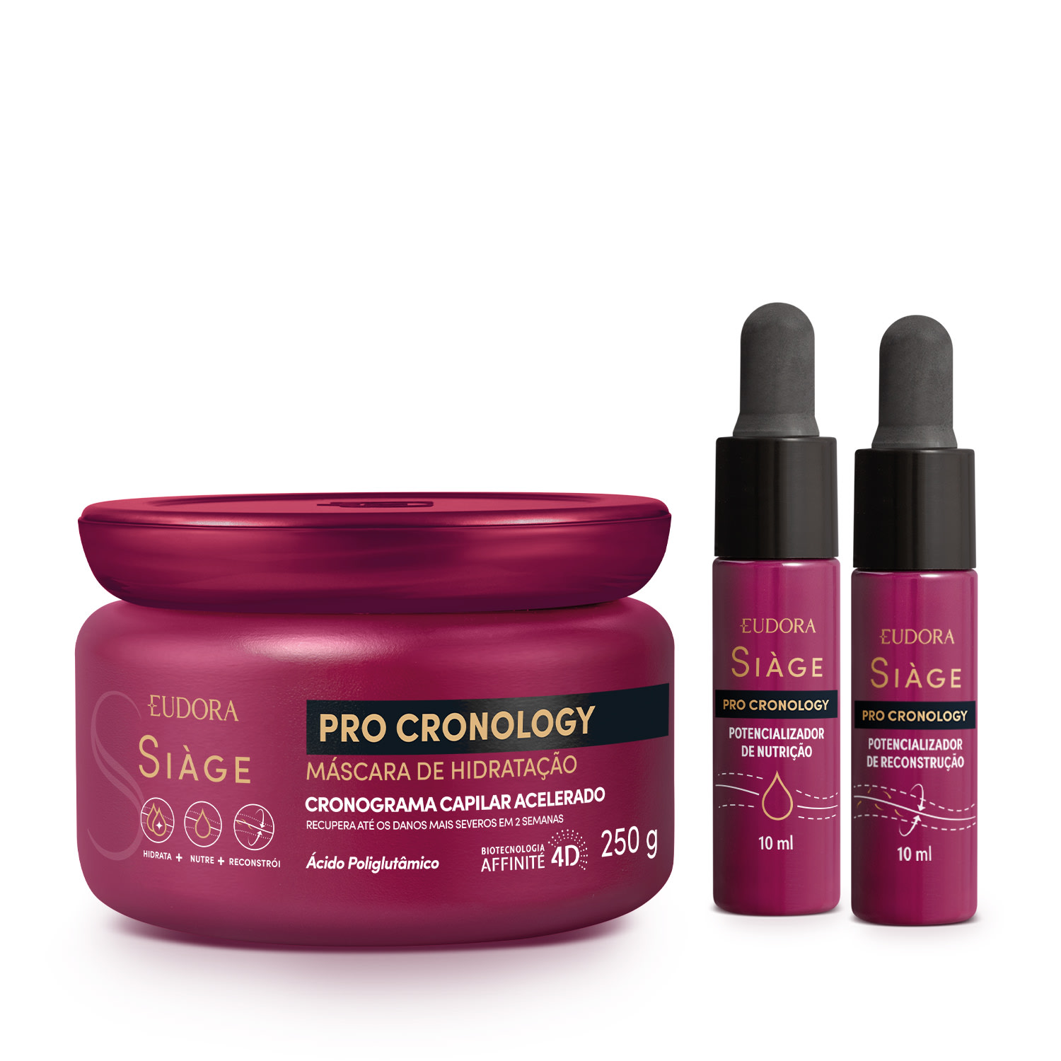 Combo Siàge Pro Cronology: Máscara de Hidratação 250g + Potencializador de Nutrição 10ml + Potencializador de Reconstrução 10ml