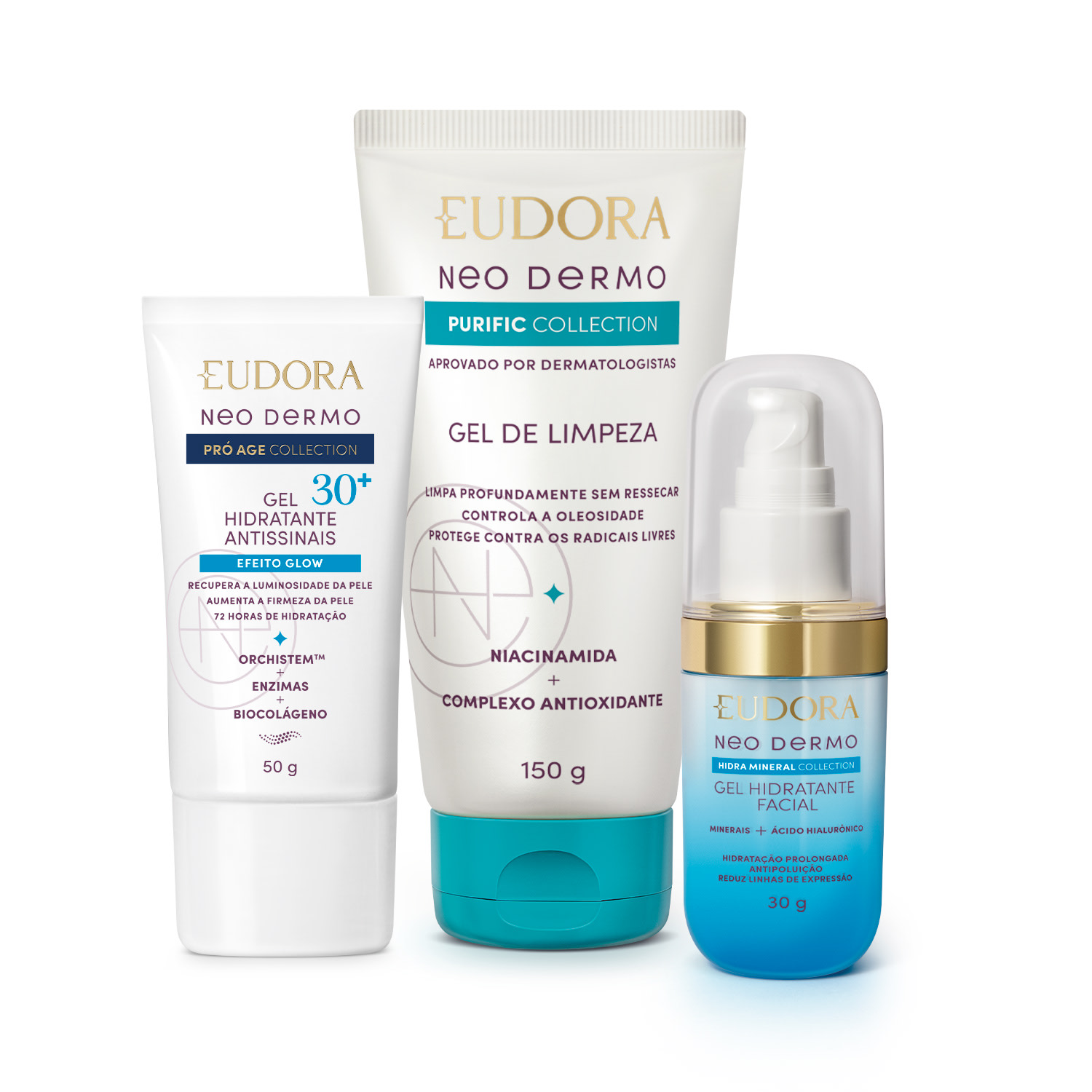 Combo Neo Dermo: Gel de Limpeza Purific Collection 150g + Gel Hidratante Facial Hidra Mineral Collection 30g + Gel Hidratante Facial Antissinais 30+ Pró Age Collection 50g