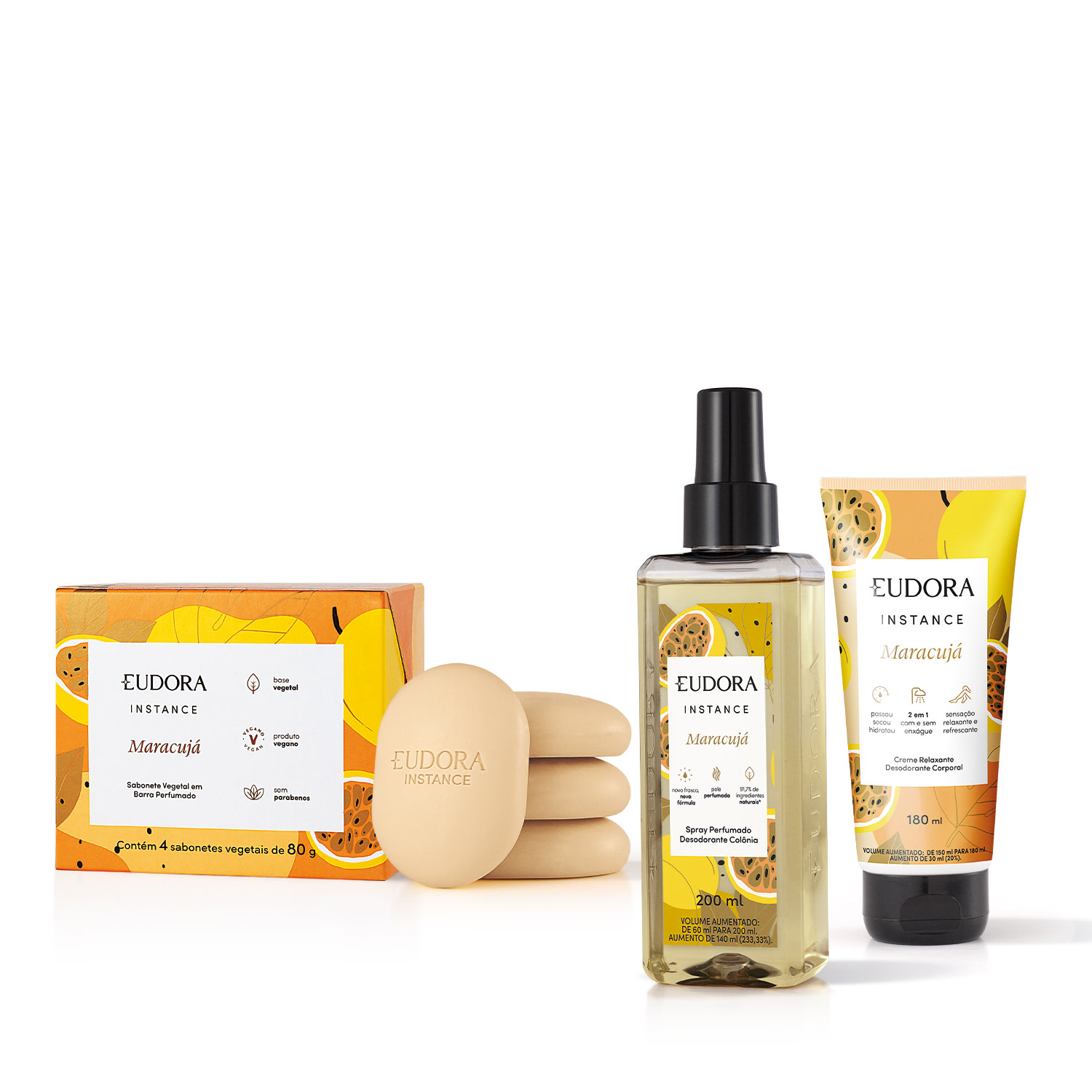 Combo Instance Maracujá: Spray Colônia 200ml + Creme Corporal 180ml + Sabonete em Barra 4x80g