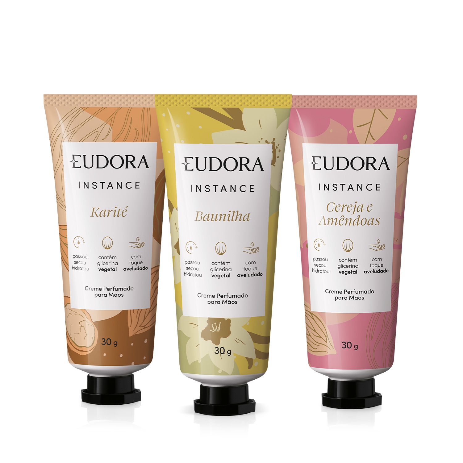 Combo Creme Para As Mãos Instance: Cereja e Amêndoas 30g + Baunilha 30ml + Karité 30g