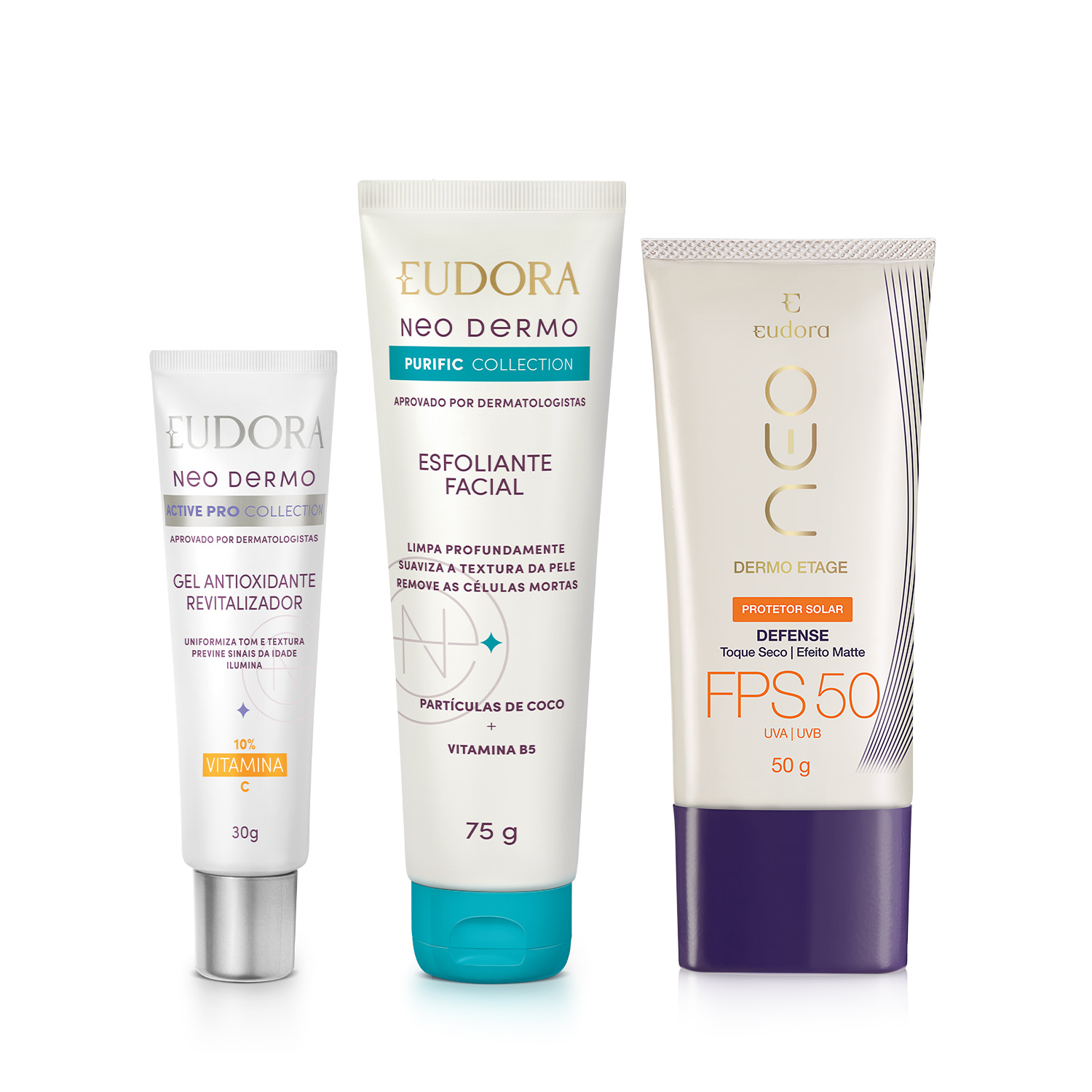 Combo Neo Dermo: Esfoliante Facial 75g + Pro Serum 30g + Protetor Solar Facial FPS 50 50g