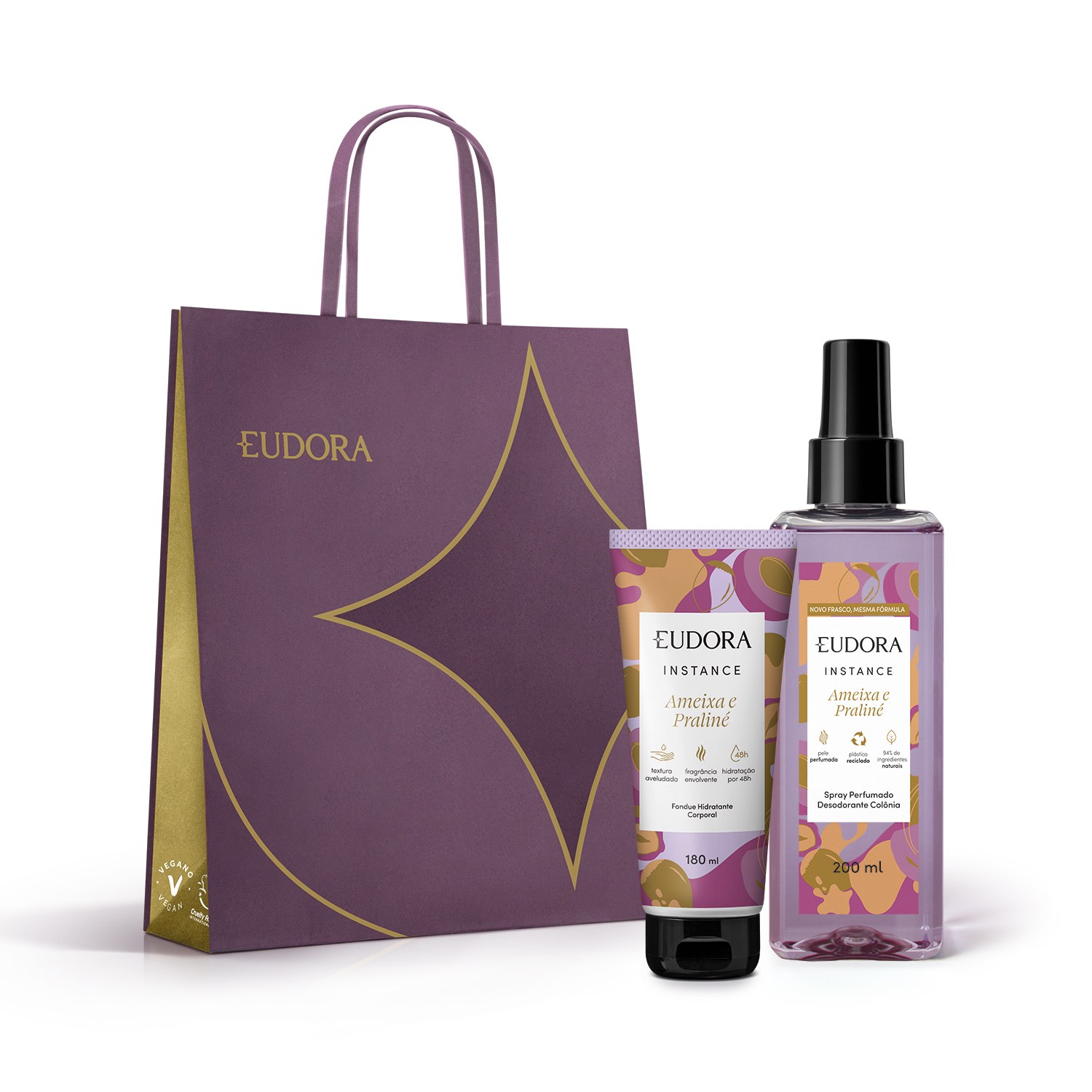 Combo Presente Instance Presente: Hidratante Corporal 180ml + Spray Perfumado Desodorante Colônia 200ml + Sacola