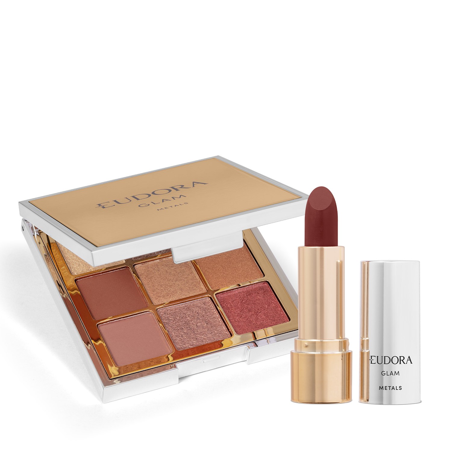 Combo Eudora GLAM Metals: Paleta de Sombra 5,8g + Batom Nude Nobre 3,6g