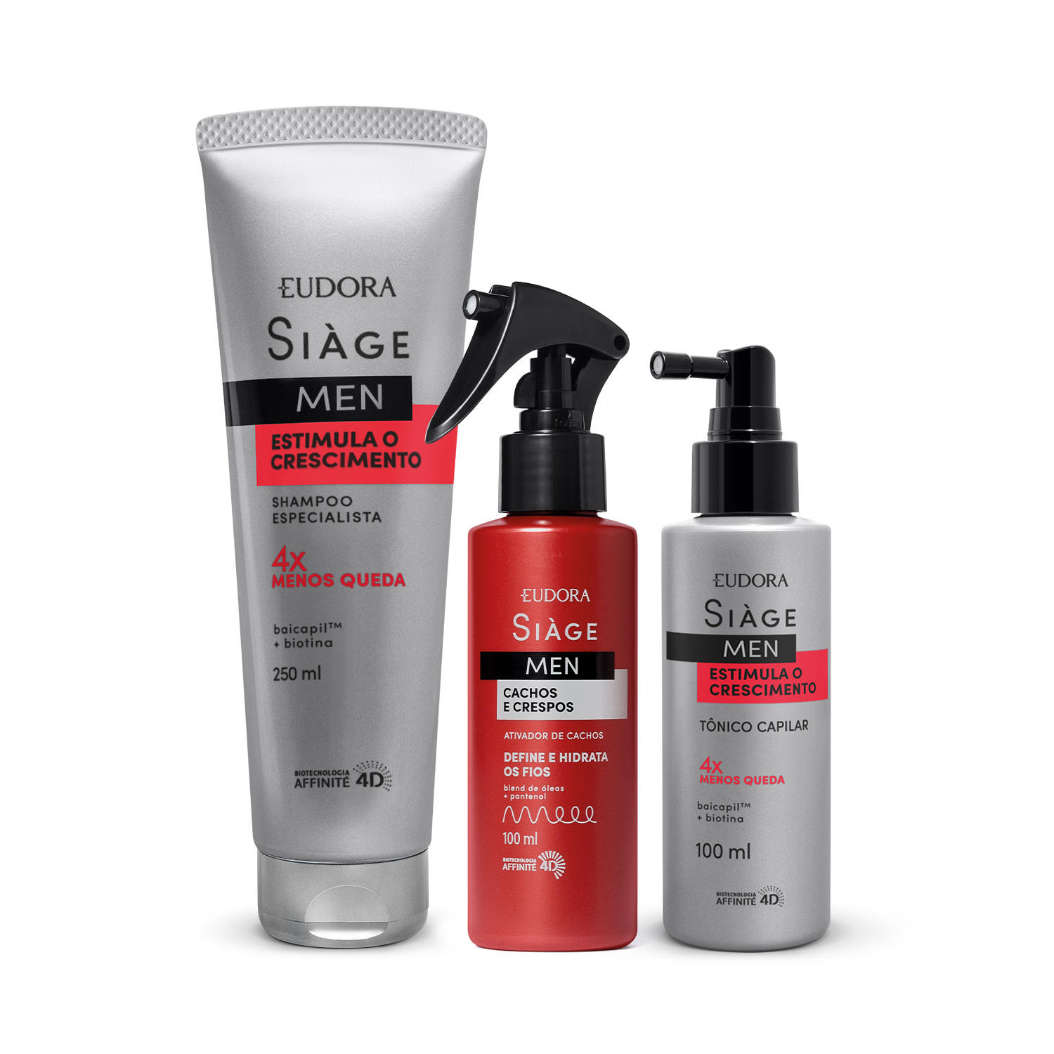 Combo Siàge Men: Shampoo Estimula o Crescimento 250ml + Ativador de Cachos 100ml + Tônico Capilar 100ml