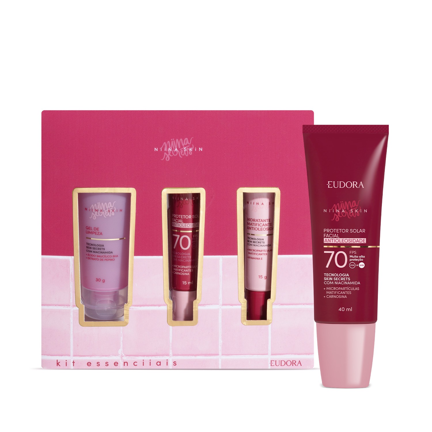Combo Niina Skin: Kit Essenciiais + Protetor Solar Facial Antioleosidade FPS 70 40ml