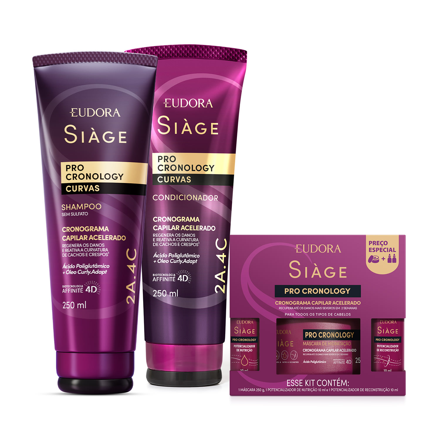 Combo Siàge Pro Cronology Curvas: Shampoo 250ml + Condicionador 250ml + Kit Cronograma Capilar Acelerado (3 itens)