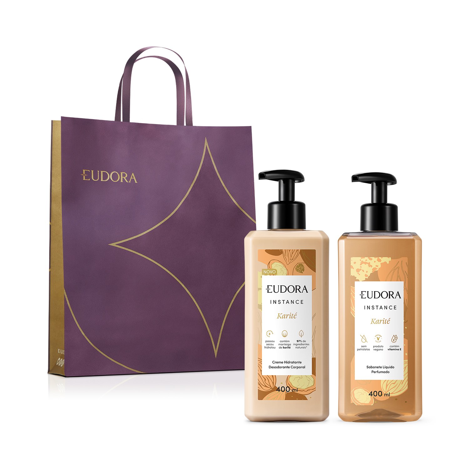 Combo Presente Instance Karité: Hidratante Desodorante 400ml + Sabonete Líquido 400ml + Sacola