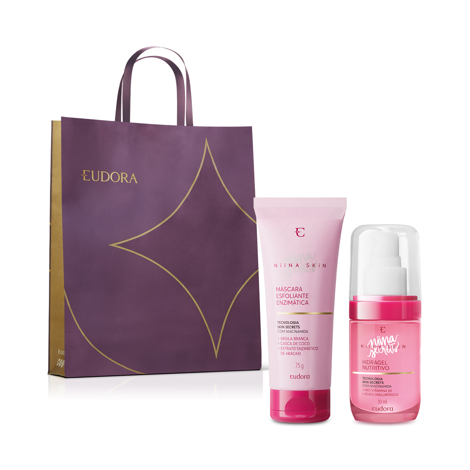 Combo Presente Niina Secrets Skin: Hidragel Nutritivo 30ml + Máscara Esfoliante 5g + Sacola