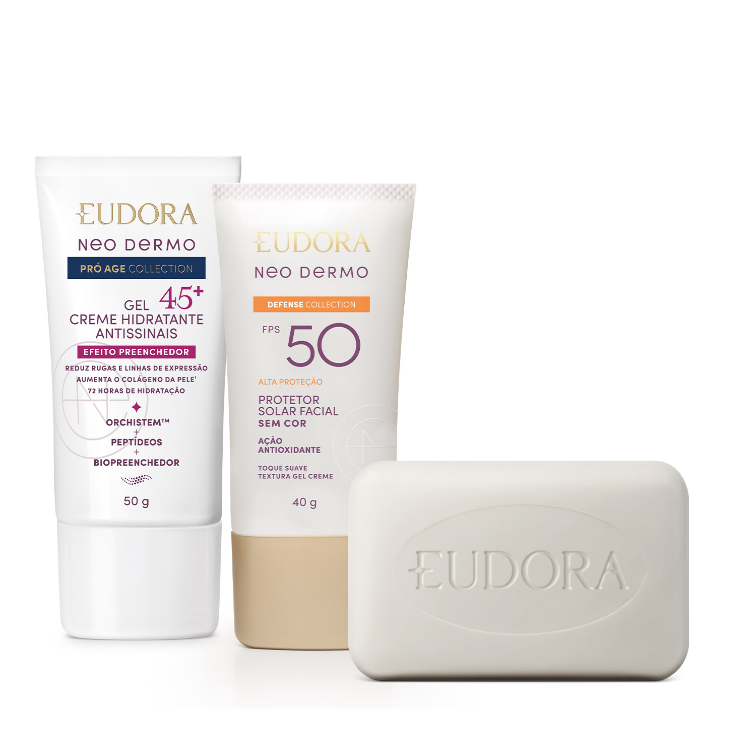 Combo Eudora Neo Dermo: Sabonete Facial 80g + Hidratante Facial 50g + Protetor Solar 40g