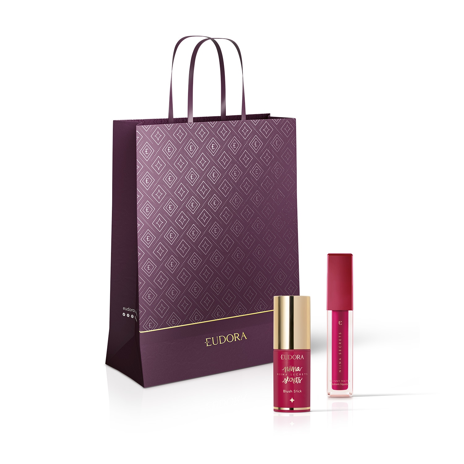 Combo Niina Secrets: Blush Stick Daily Rosa 5g + Batom Líquido Pink Peônia Skinny Matte 5ml + Sacola